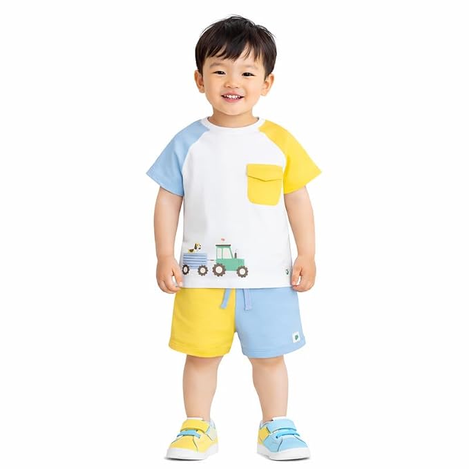 My Milestones Color Block Short Sleeves Bio-Wash Tee with Placement Print & Pocket, Matching Shorts Set - Multi