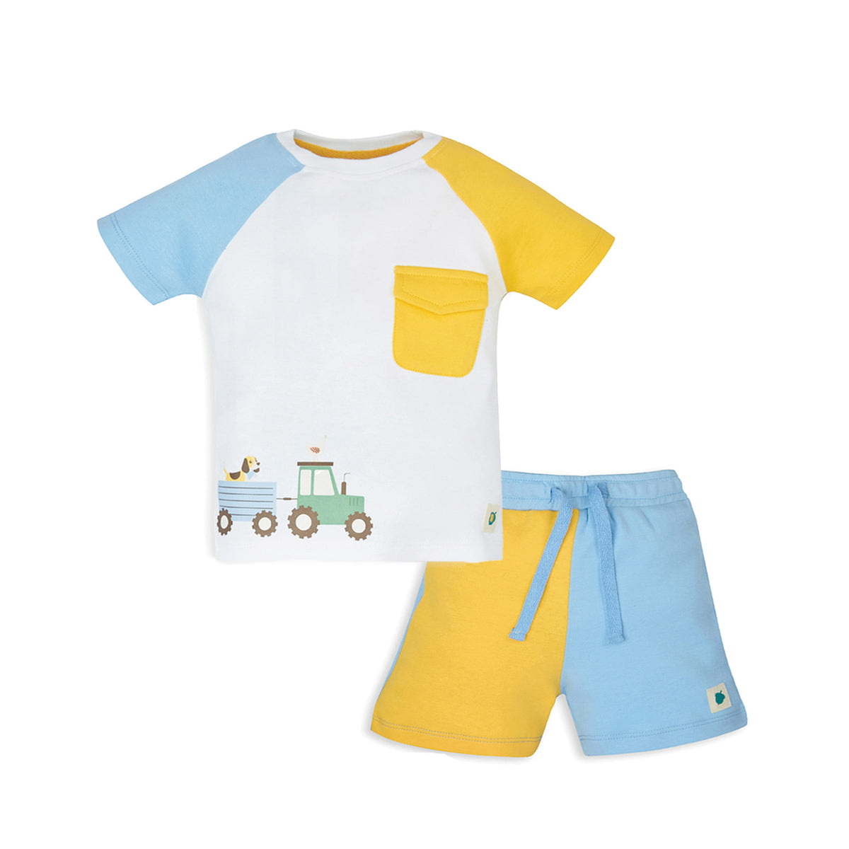 My Milestones Color Block Short Sleeves Bio-Wash Tee with Placement Print & Pocket, Matching Shorts Set - Multi