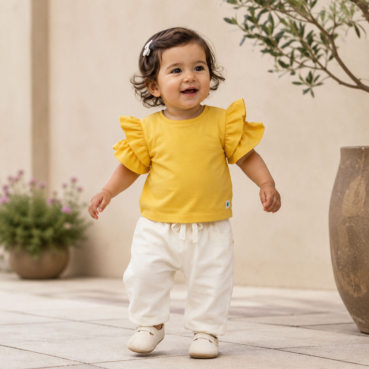 My Milestones Bio-Wash 100% Cotton Daffodil Ruffle Tee Jogger Co-ord Set - Yellow & Vanilla Ice