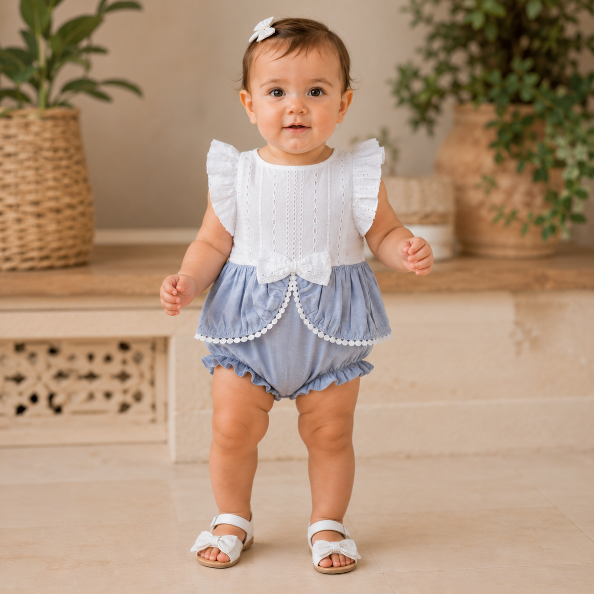 My Milestones Luna Sky Pure Cotton Eyelet Short Romper with Ruffles & Lace Details - White & Blue