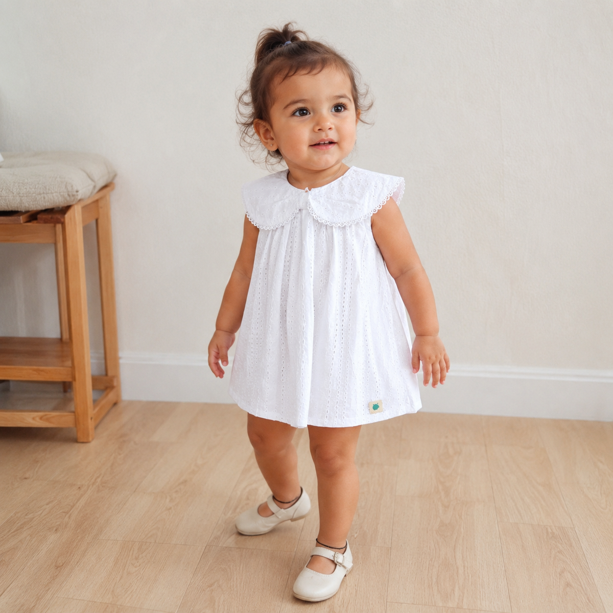 My Milestones Ivy Sky Pure Cotton Eyelet Sleeveless Top with Bow Detail Collar - White