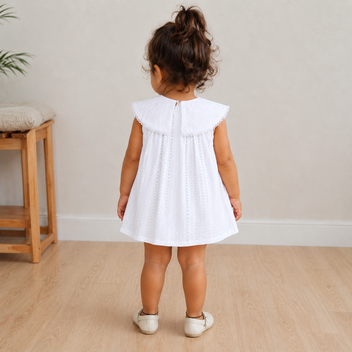 My Milestones Ivy Sky Pure Cotton Eyelet Sleeveless Top with Bow Detail Collar - White