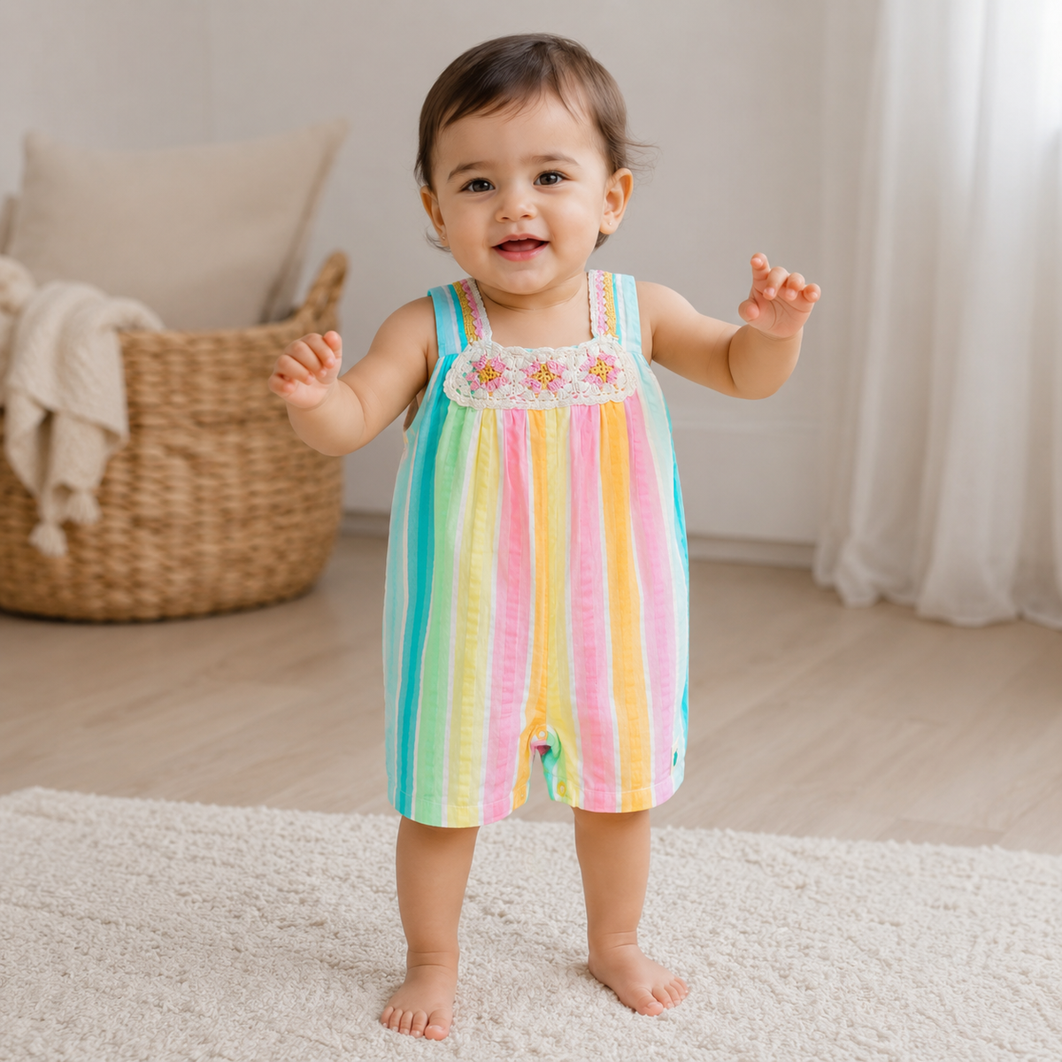 My Milestones Iris Handcrafted Crochet Detail Short Jumpsuit in Yarn-Dyed Rainbow Stripes Seersucker - Multicolour