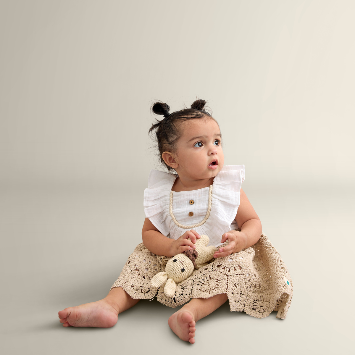 My Milestones Hazel Premium Crochet Dress with Ruffles at Yoke in Double Cloth - White & Beige
