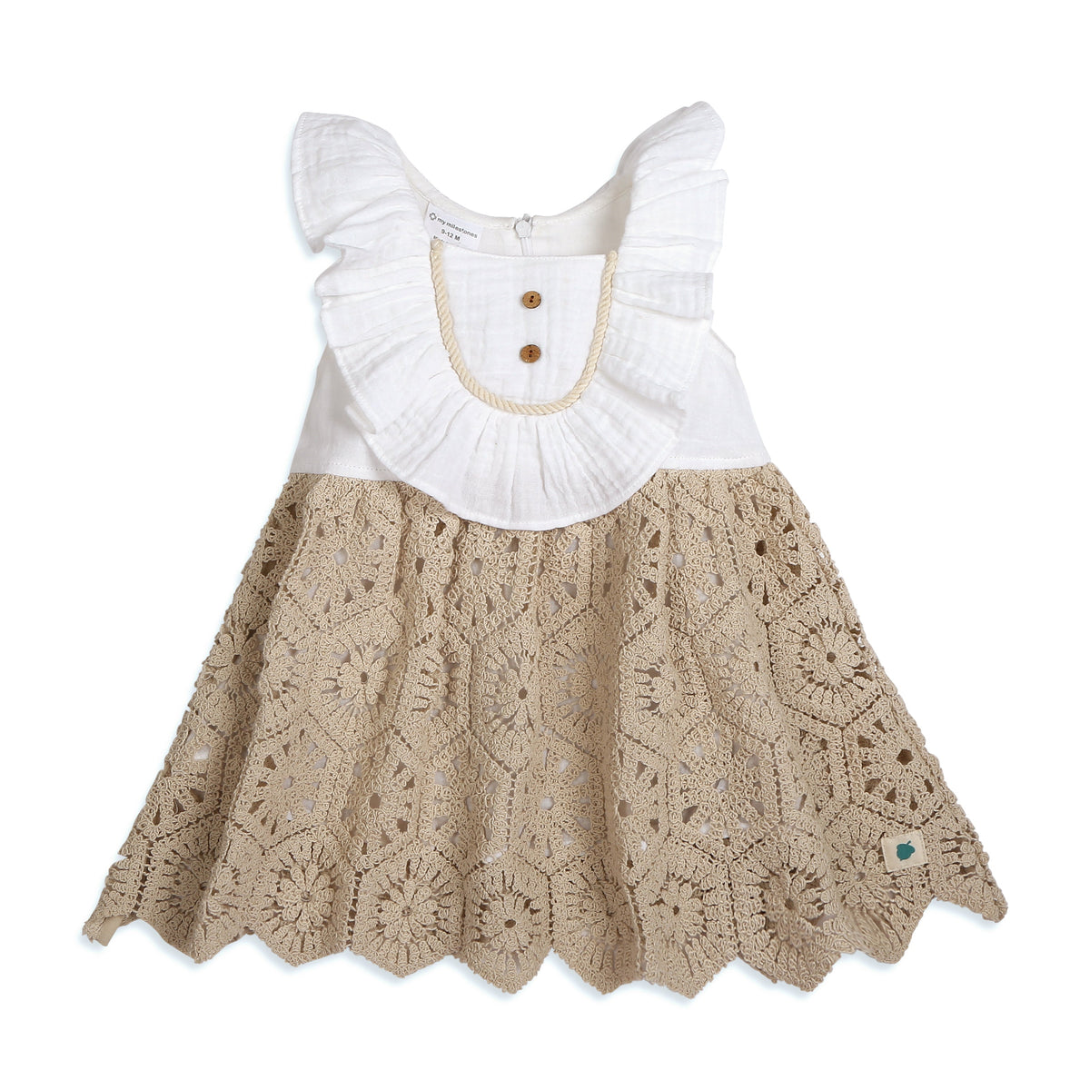 My Milestones Hazel Premium Crochet Dress with Ruffles at Yoke in Double Cloth - White & Beige