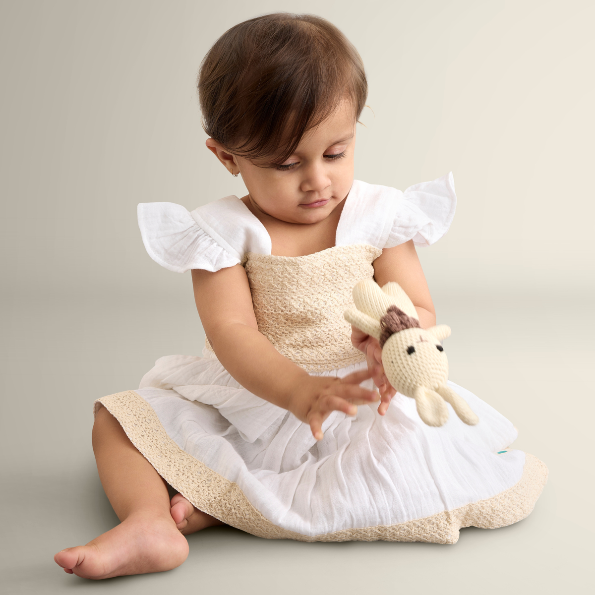My Milestones Dove Crochet Yoke Dress in Double Cloth with Crochet Lace Details - White