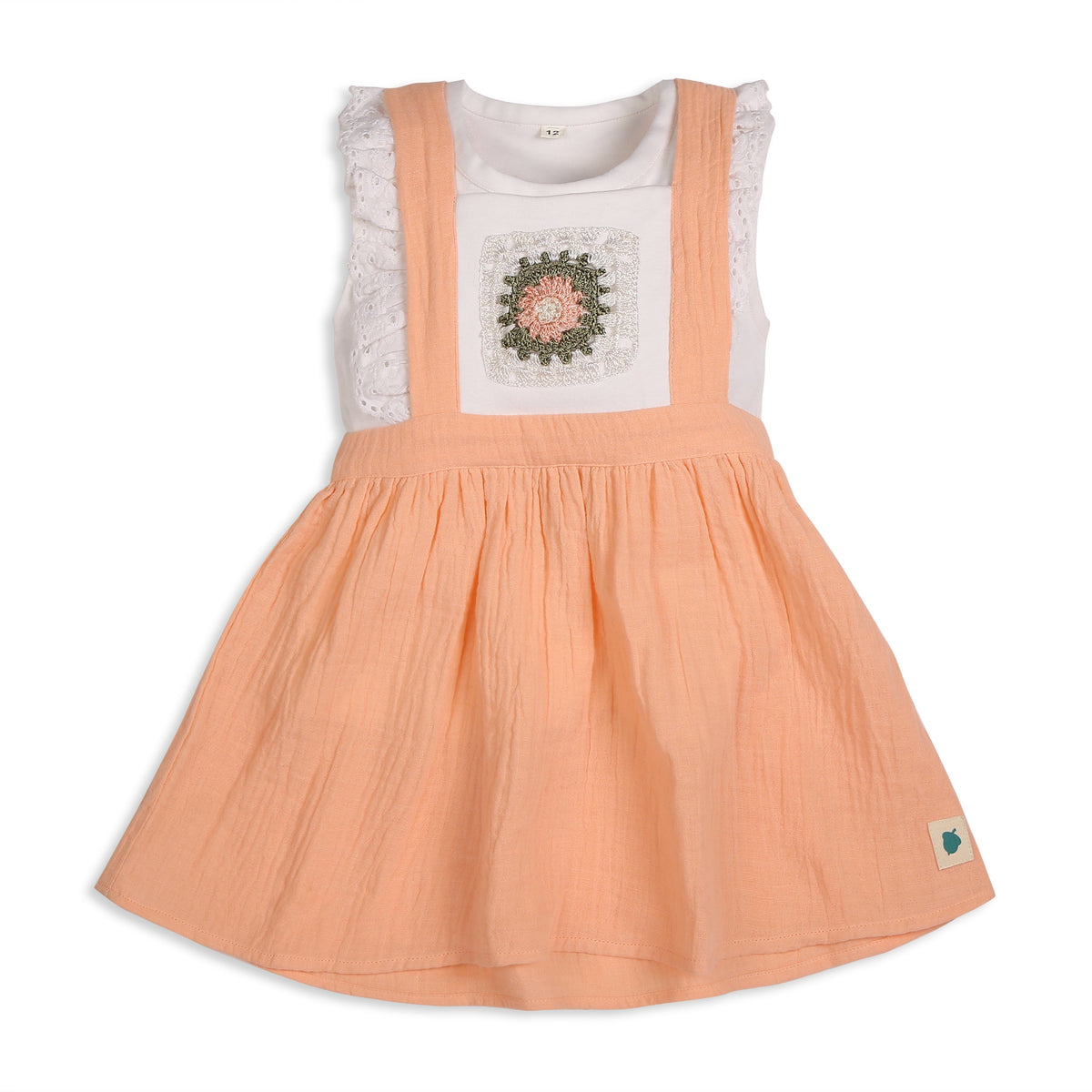 My Milestones Peony Handcrafted Crochet Detail Dungaree Dress in Double Cloth with Bio-Wash Ruffle Detail Tee - Peach
