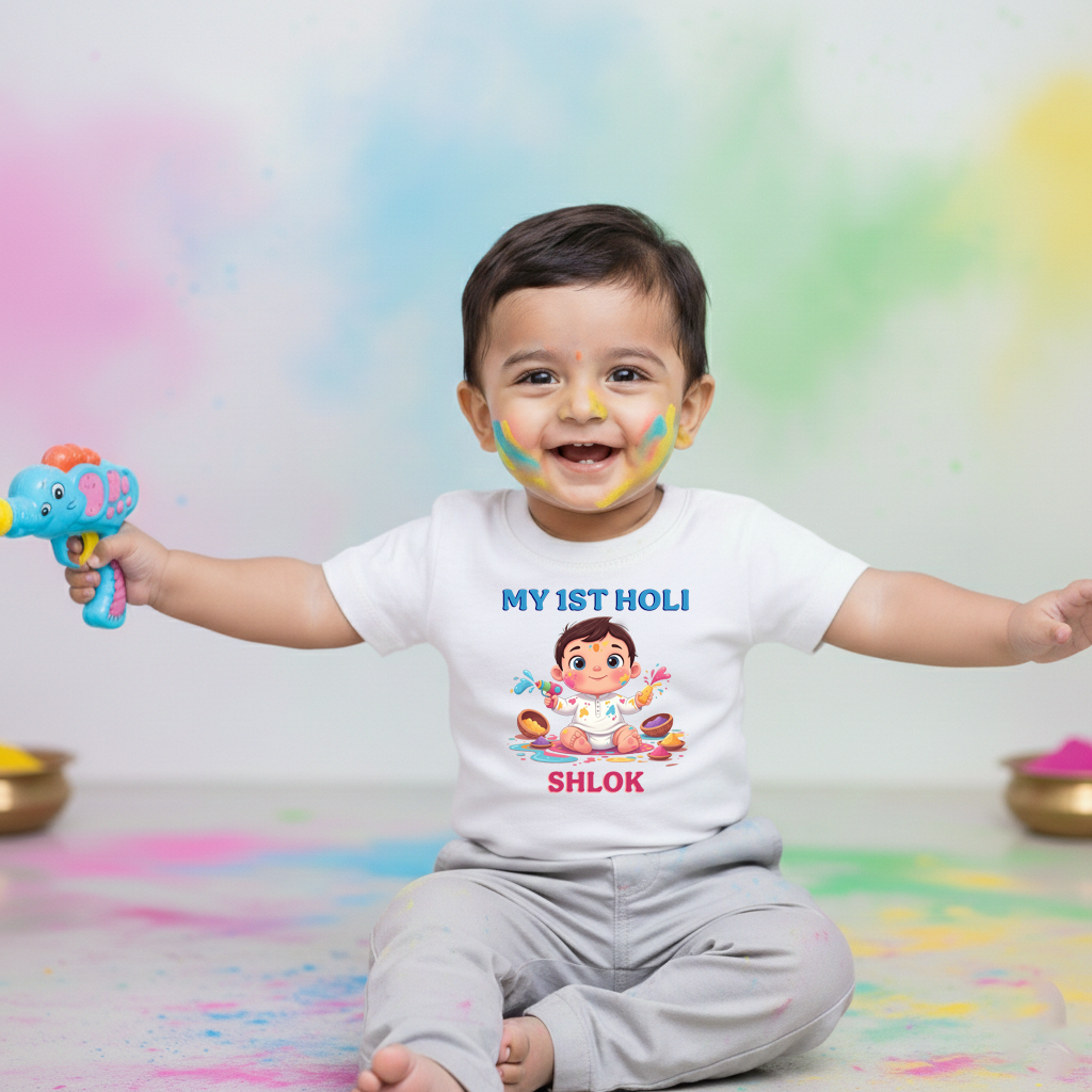 My 1st Holi White (Boy Pichkari) Onesie/ Full Romper / Tshirt