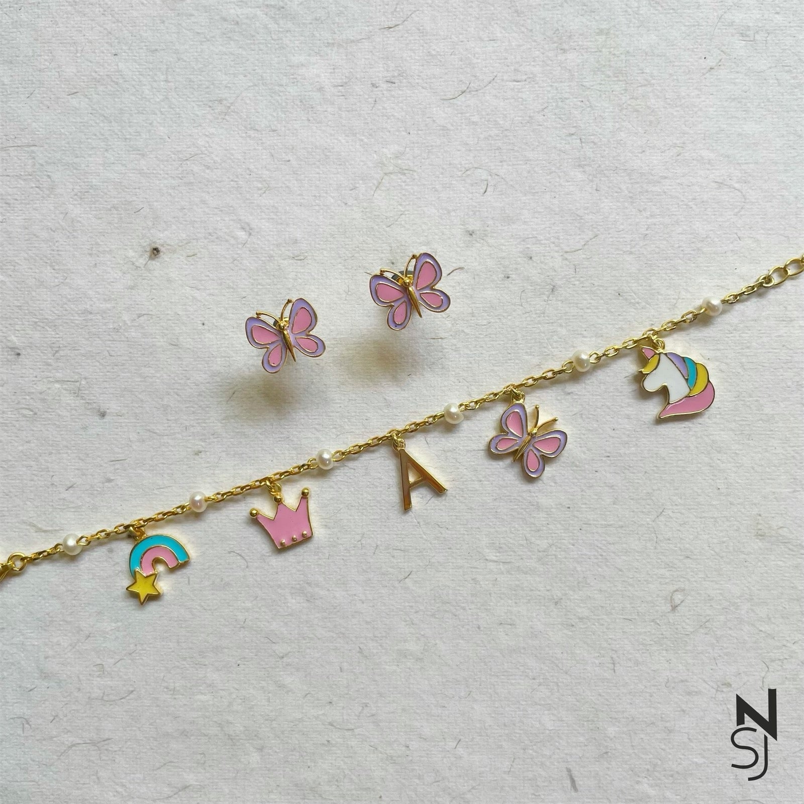 Custom Initial Charm Bracelet & Studs Set