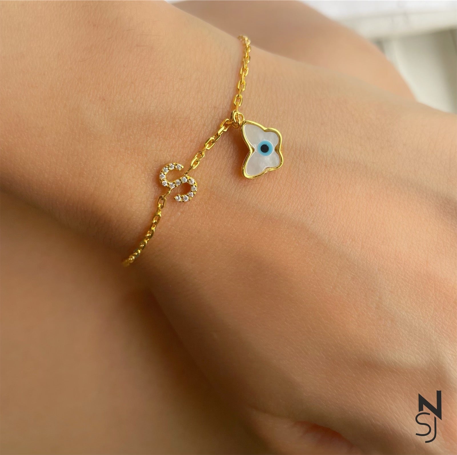 Studded Initial Evil Eye Bracelet