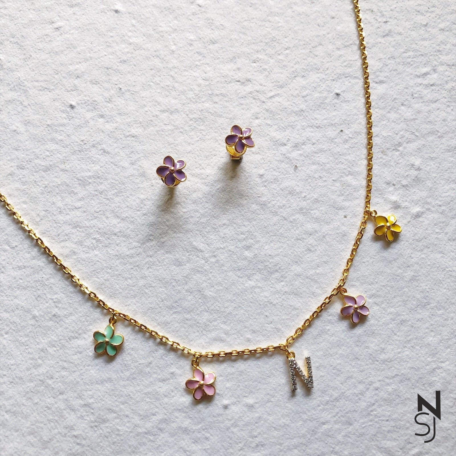 Floral Delight Initial Neckchain & Studs Set - Stud Colour - Pink, Yellow, Purple