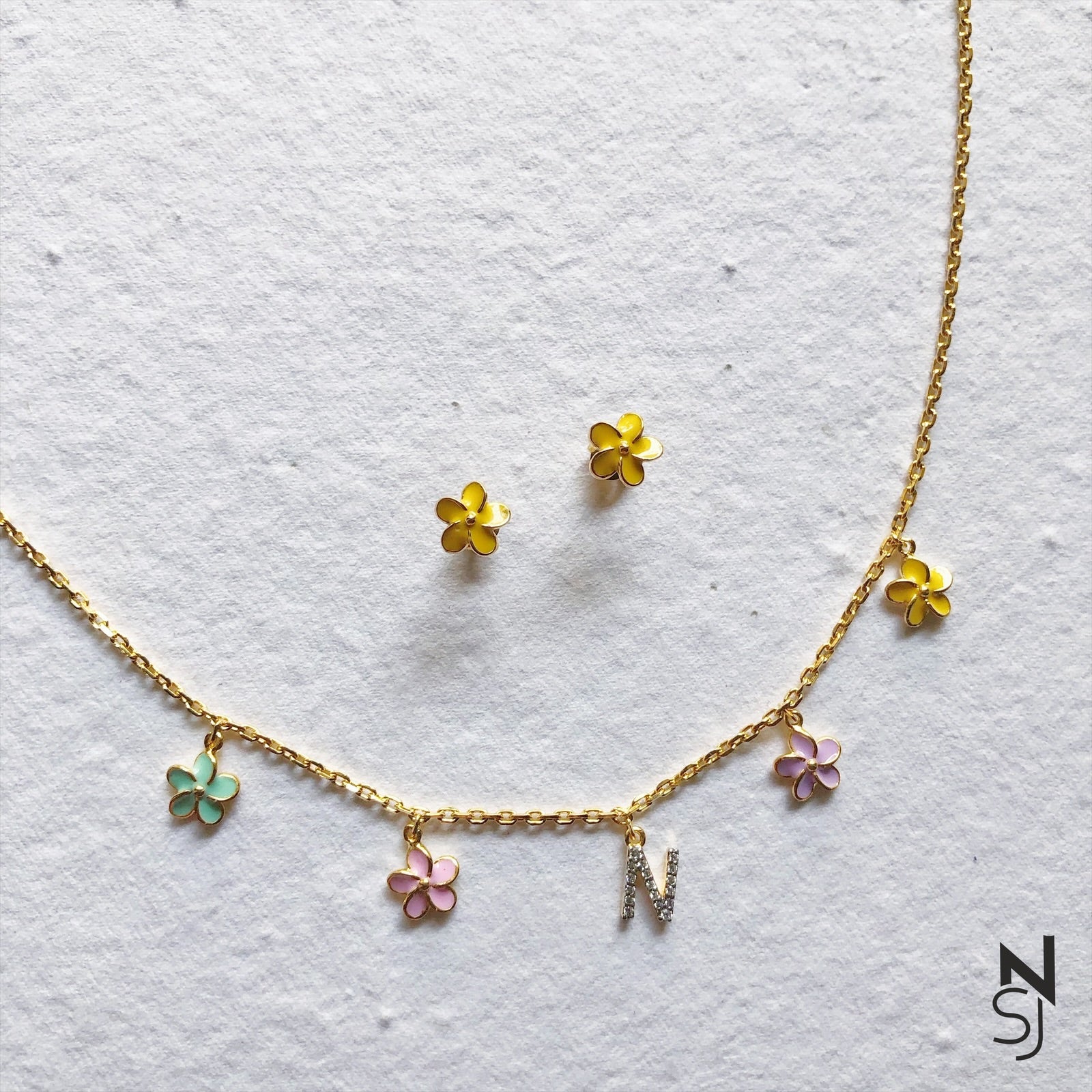 Floral Delight Initial Neckchain & Studs Set - Stud Colour - Pink, Yellow, Purple