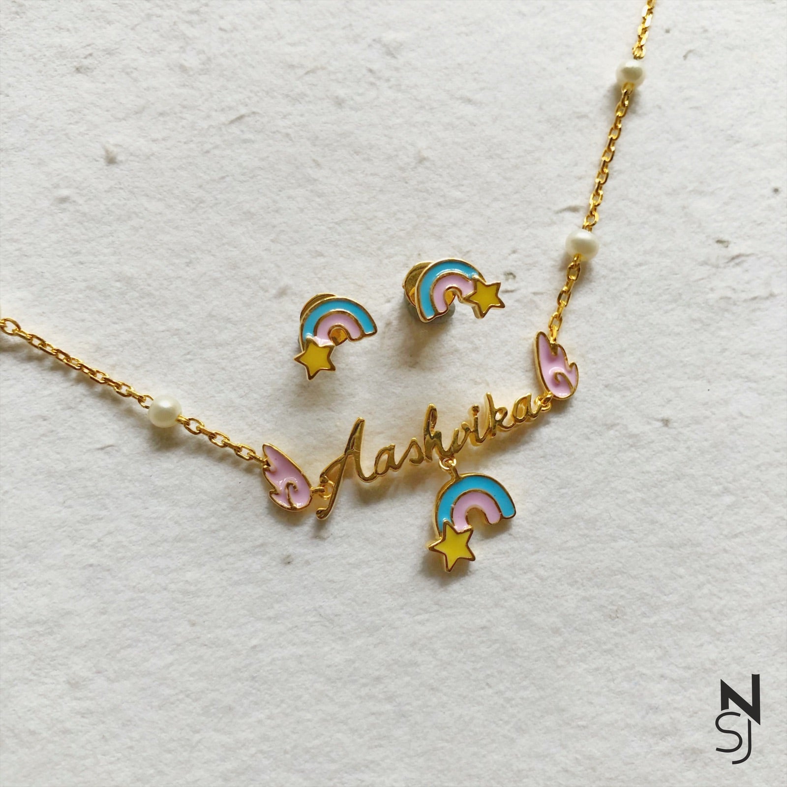 Custom Name Angel Wings Neckchain with Rainbow & Studs Set