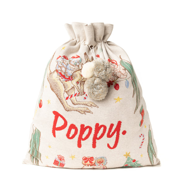 May Gibbs Santa Sack - Base: Stone Marl; Letter: Red