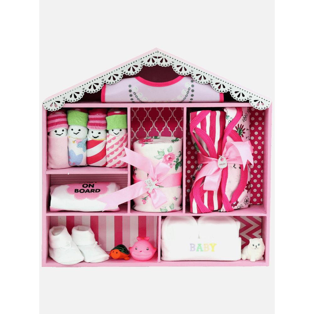 Newborn Baby Girl Wooden Dollhouse Gift Hamper (0-12 months)