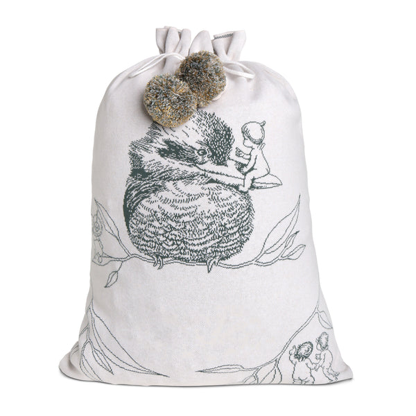May Gibbs Kookaburra Santa Sack - Base: Oatmeal Letter: Forest Green