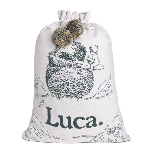 May Gibbs Kookaburra Santa Sack - Base: Oatmeal Letter: Forest Green