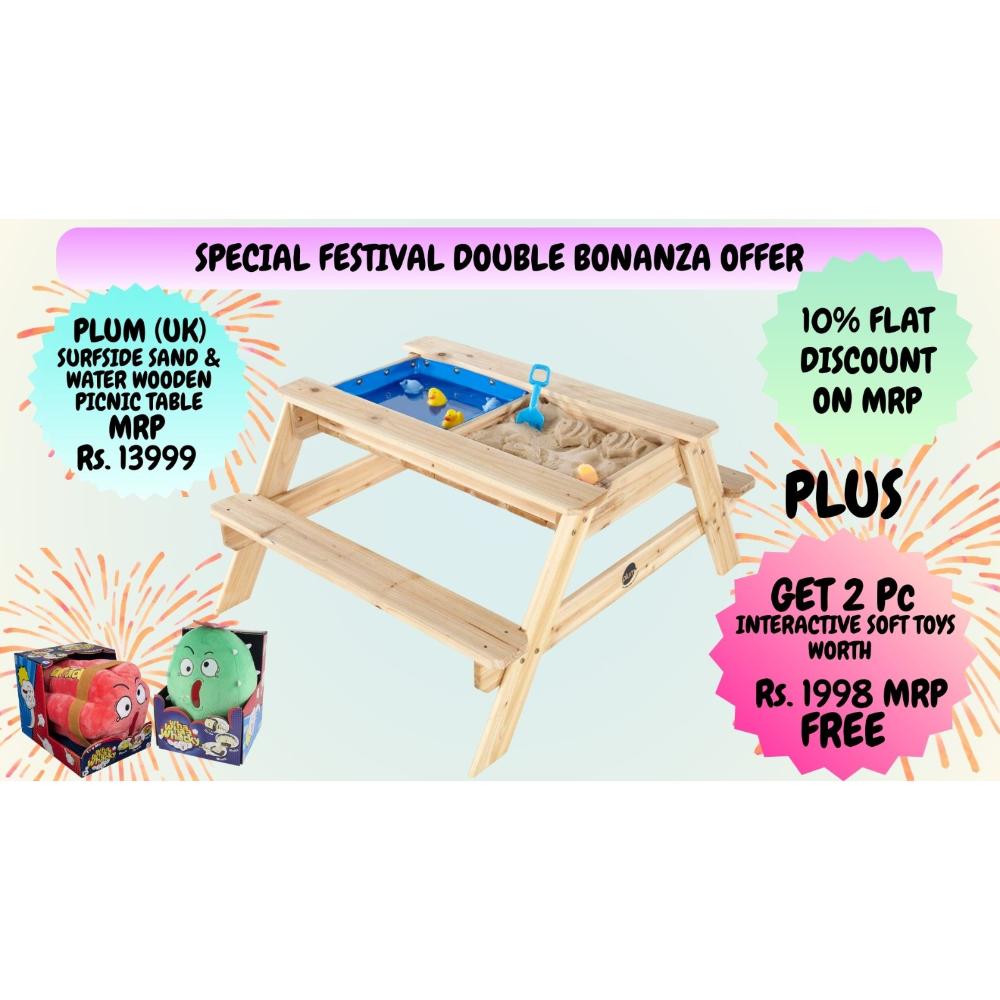 Plum Surfside Sand & Water Wooden Picnic Table + 2 Interactive Soft Toys FREE