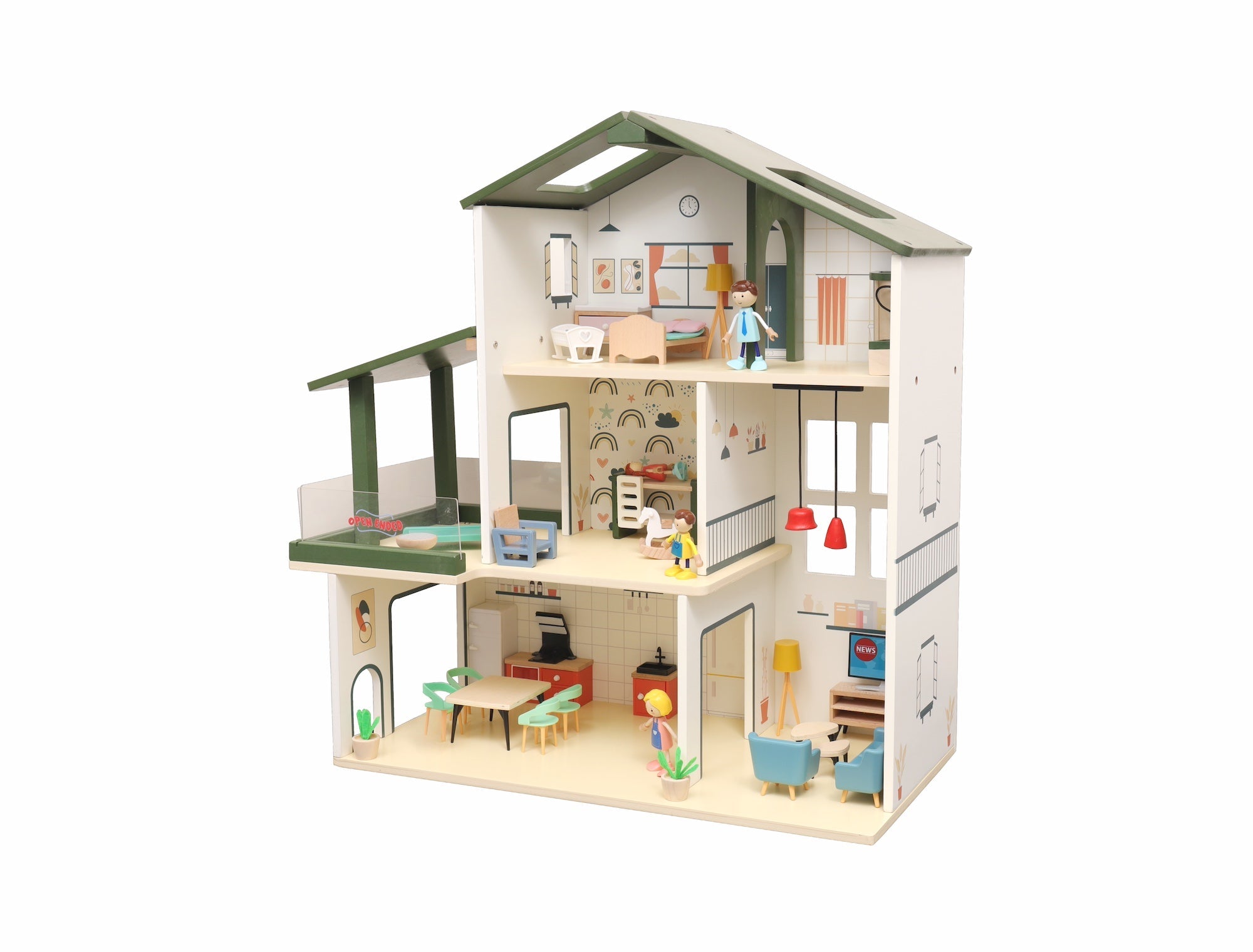 Open Ended Wooden Dollhouse - Modern Villa (31 pcs furniture including 4 doll figures included)-Pretend Play-Open Ended-Toycra