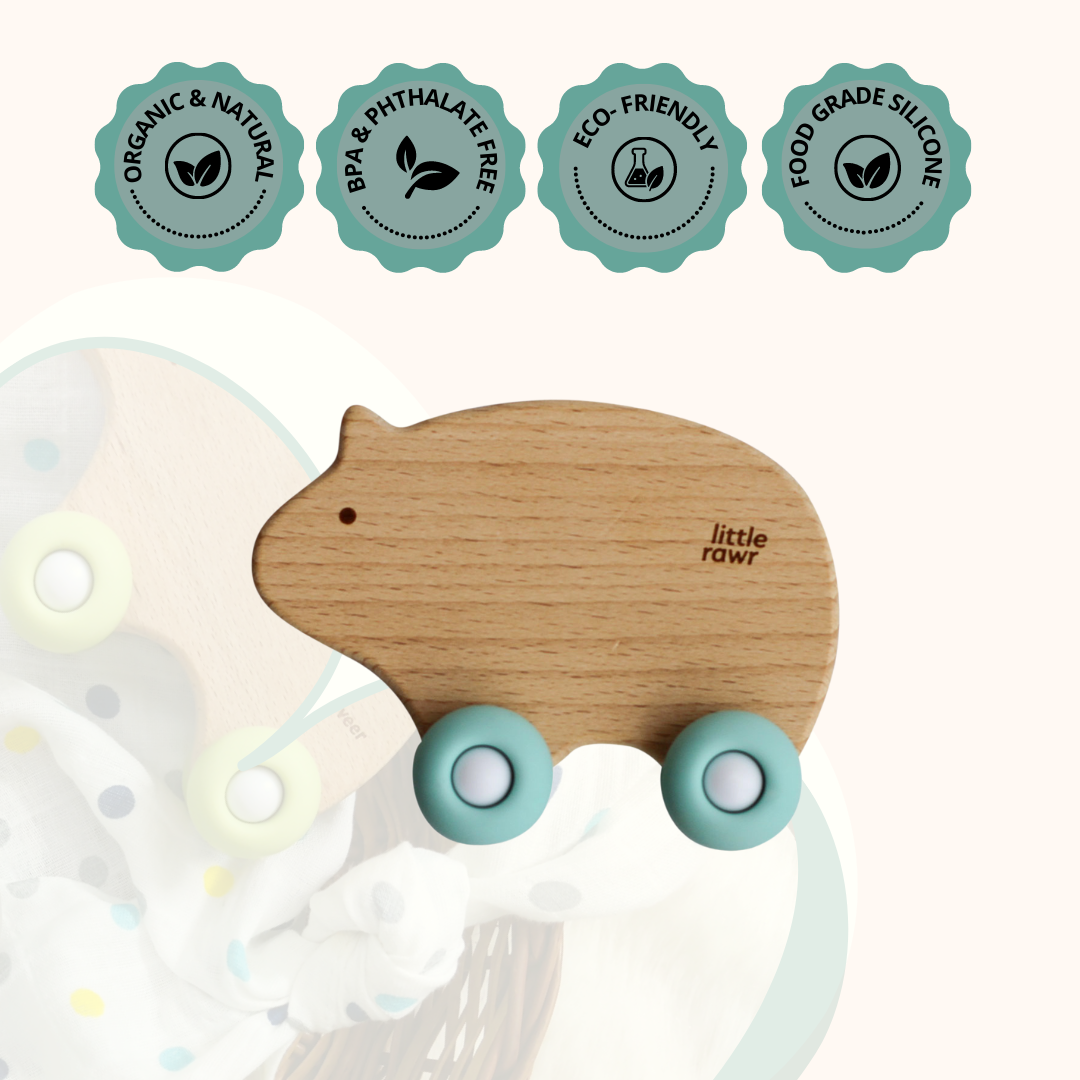 Little Rawr Wood Wheelie Animal - Blue