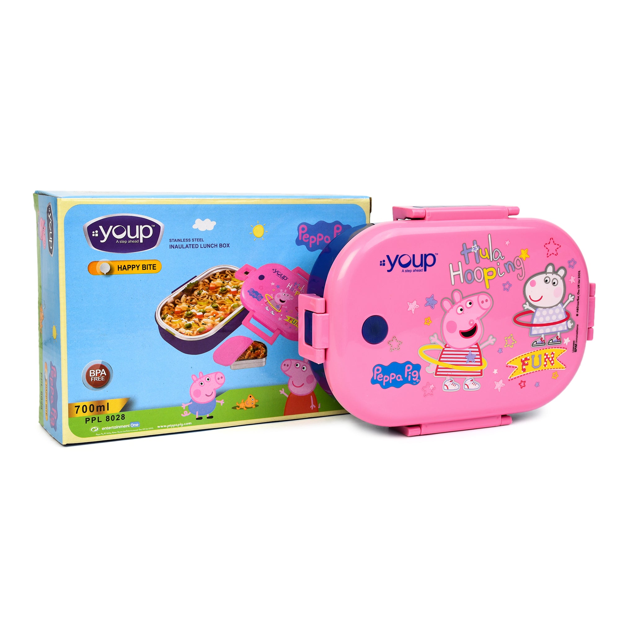 Youp Stainless Steel Pink Color Peppa Pig Theme Kids Lunch Box Happy Bite 750Ml