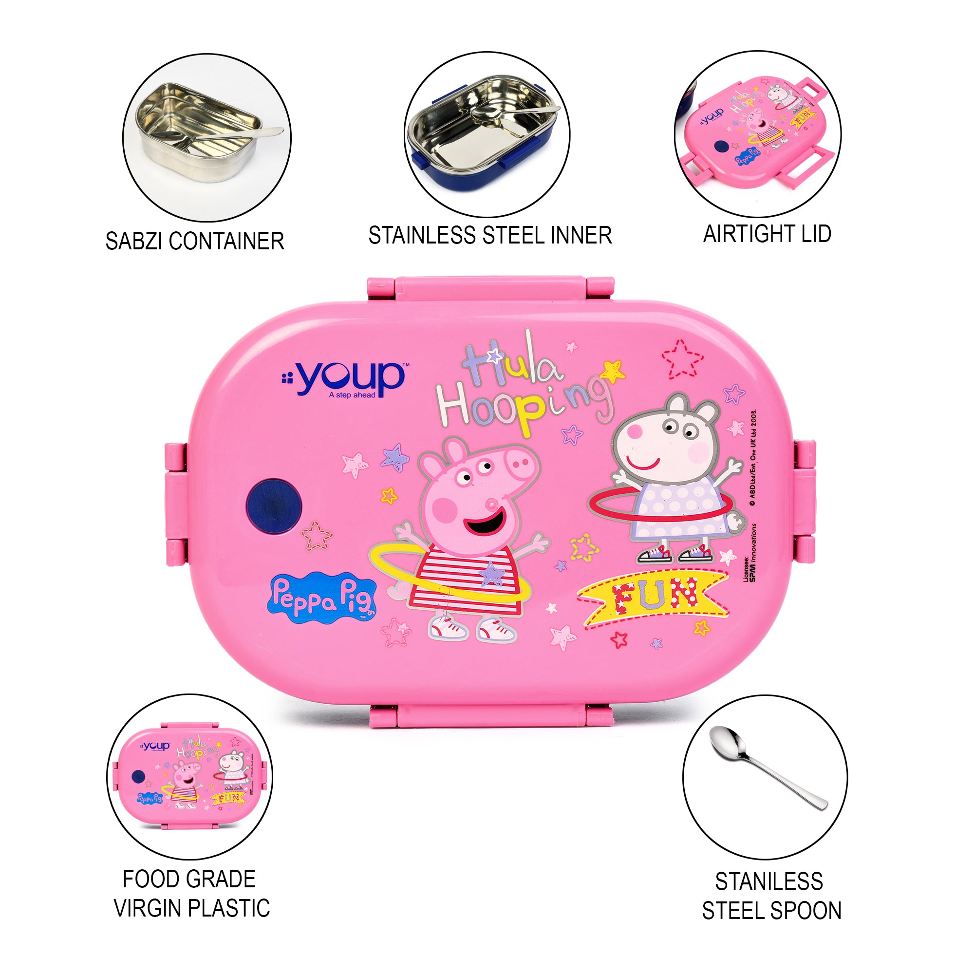 Youp Stainless Steel Pink Color Peppa Pig Theme Kids Lunch Box Happy Bite 750Ml