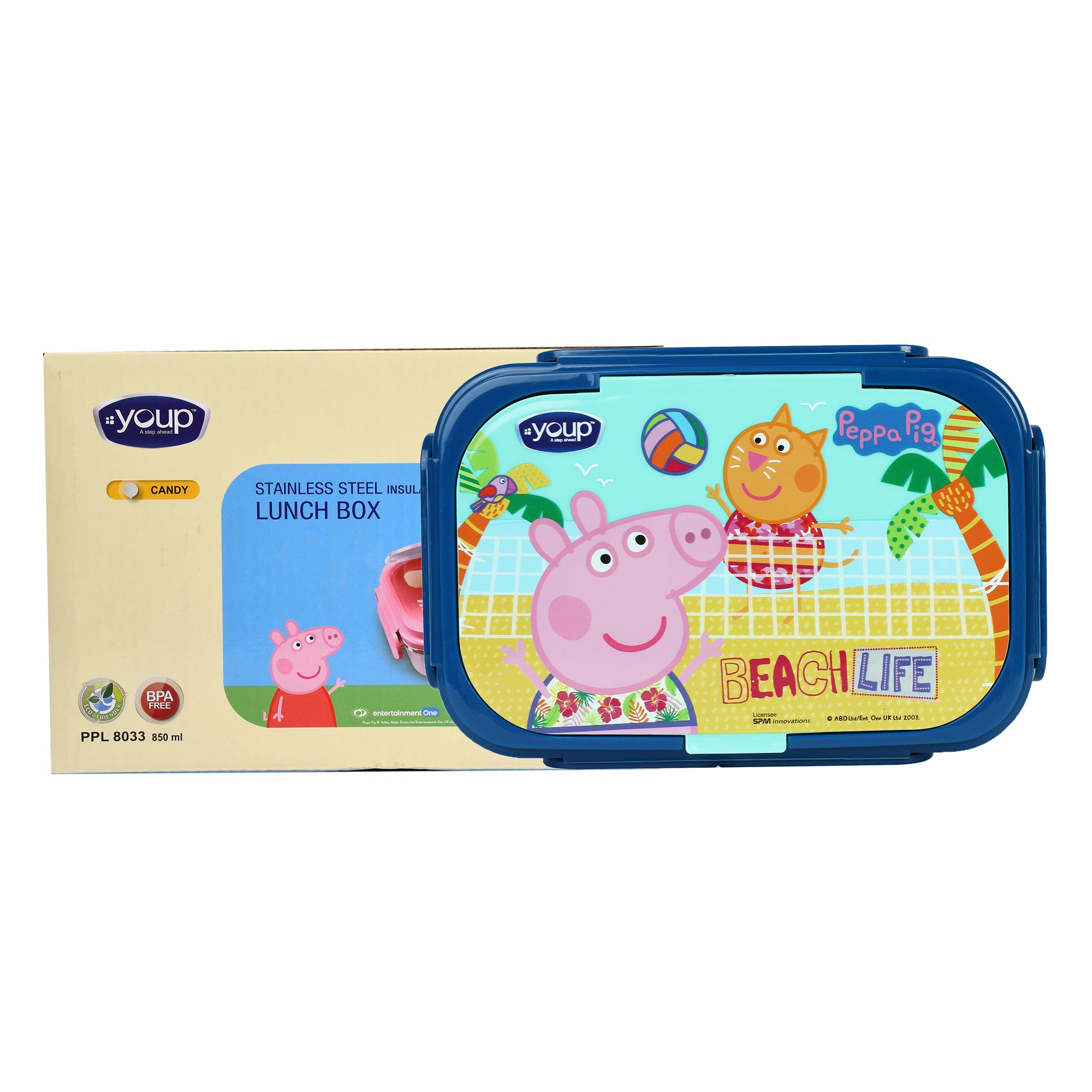 Youp Stainless Steel Insulated Blue Color Kids Peppa Pig Lunch Box With Fork & Spoon Candy-850 Ml