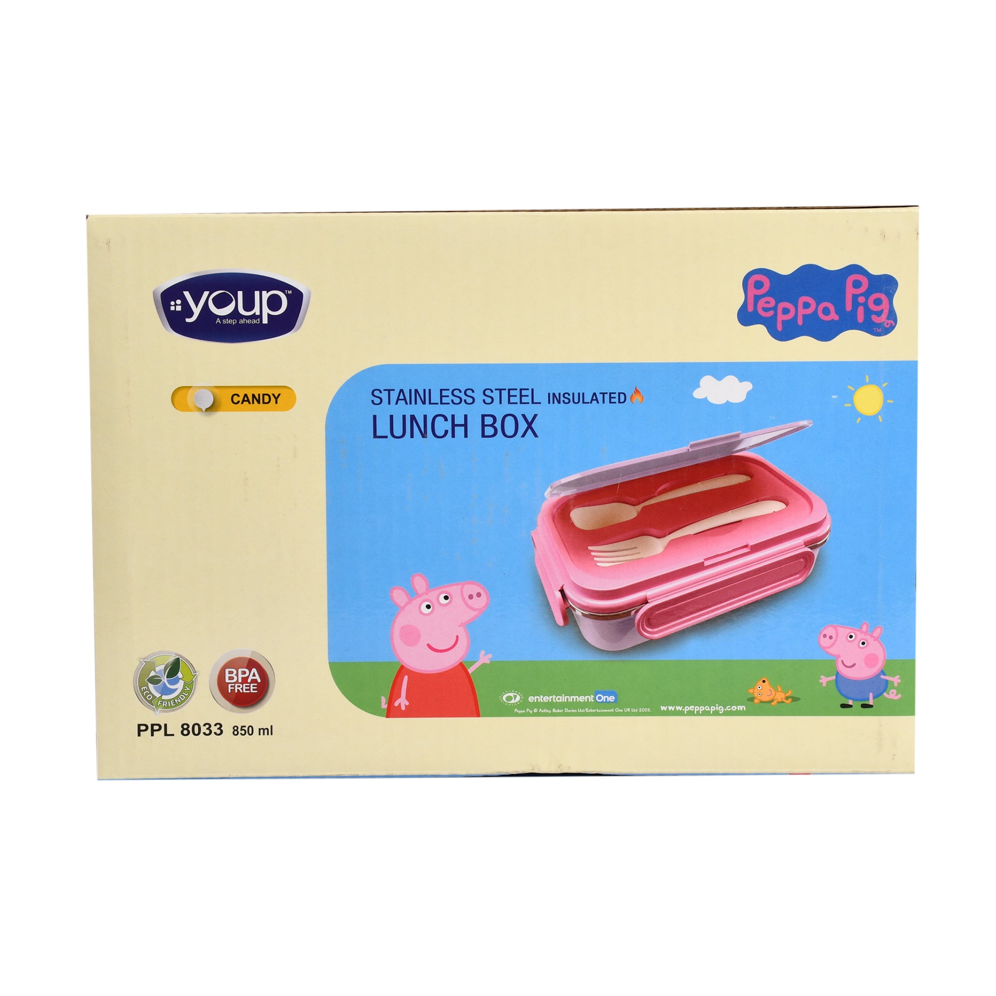 Youp Stainless Steel Insulated Blue Color Kids Peppa Pig Lunch Box With Fork & Spoon Candy-850 Ml
