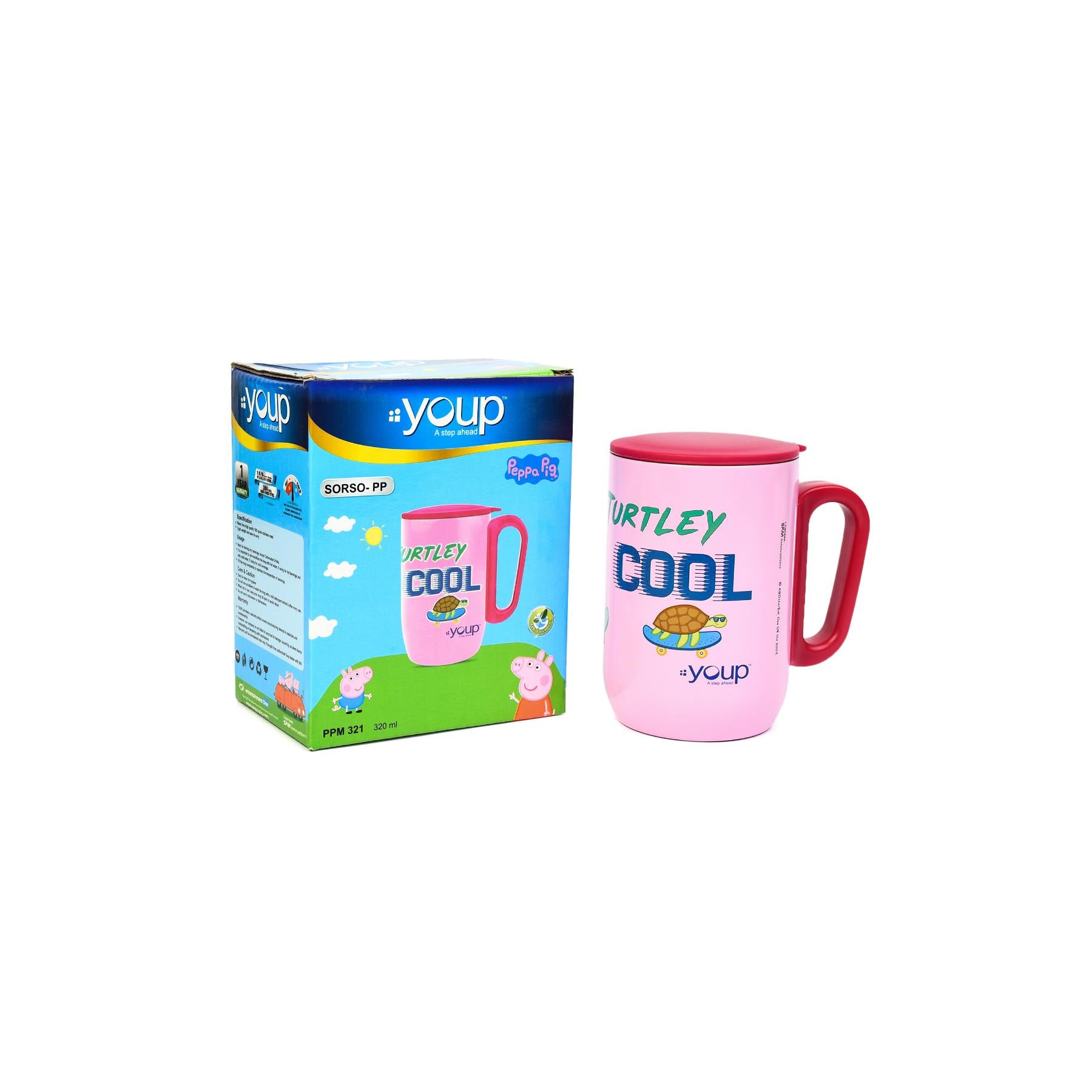 Youp Stainless Steel Pink Color Peppa Pig Cool Kids Insulated Mug With Cap Sorso-Ppm - 320 Ml