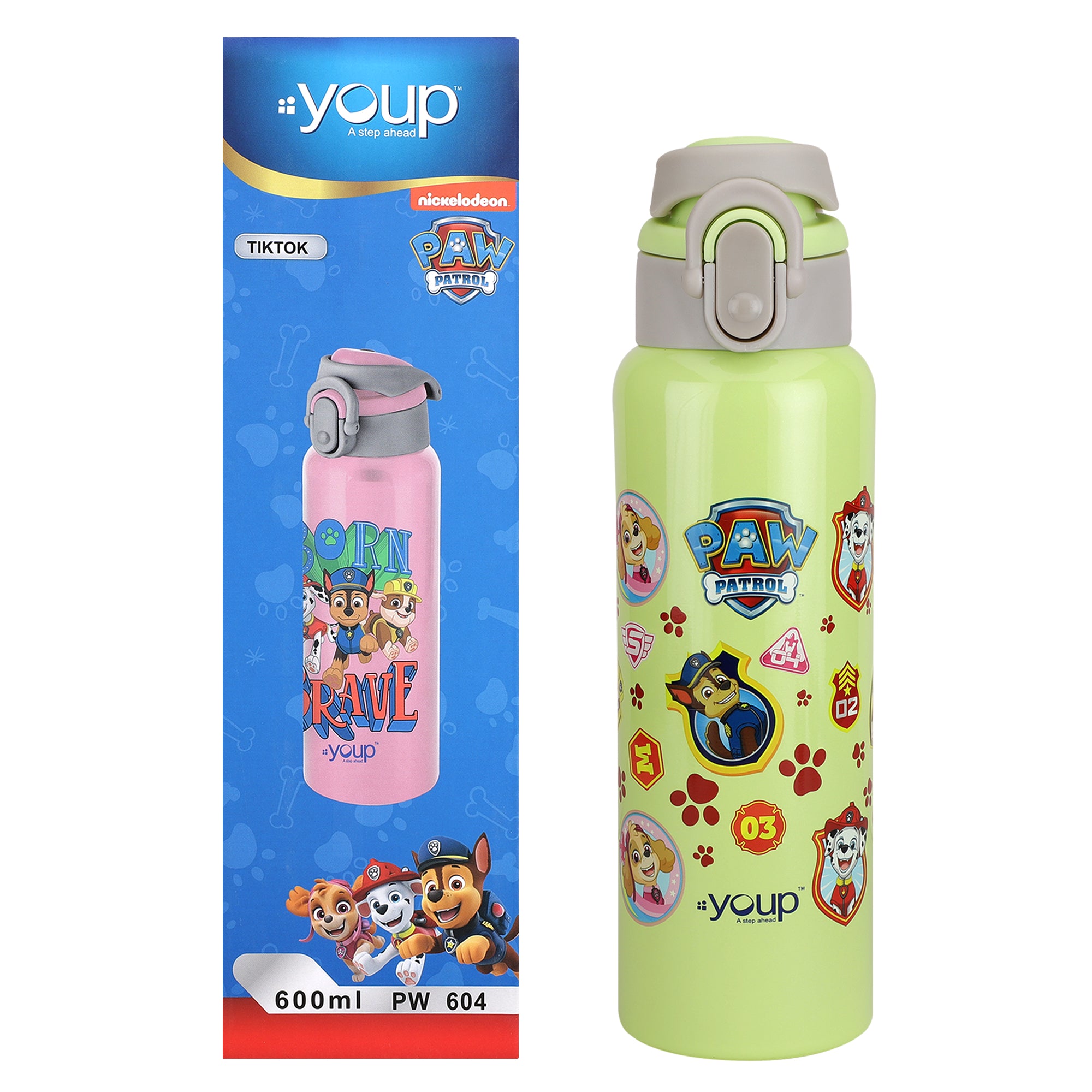 Youp Stainless Steel Lemon Green Color Paw Patrol Kids Insulated Water Bottle TIKTOK - 600 ml