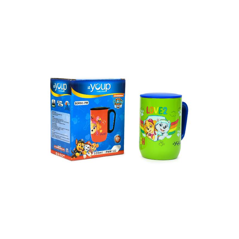 YOUP Stainless Steel Green Color Paw Patrol Love2Laugh Kids Insulated Mug With Cap Sorso-Pwm - 320 ml