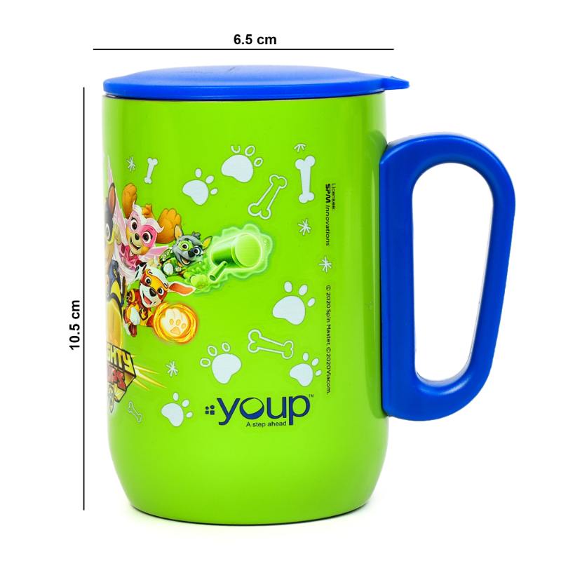 YOUP Stainless Steel Green Color Paw Patrol Mighty Pups Kids Insulated Mug With Cap Sorso-Pwm - 320 ml