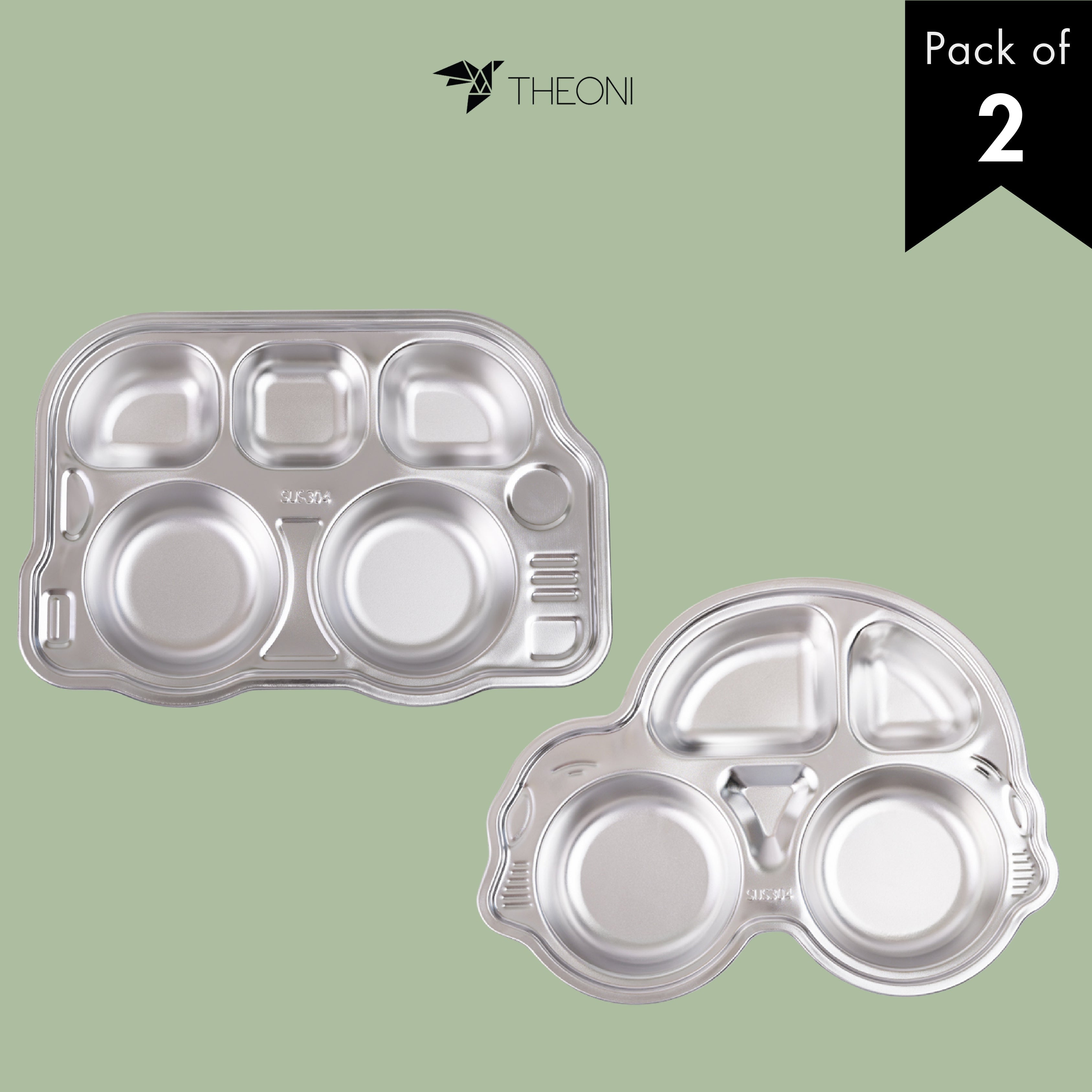 Theoni Stainless Steel Section Kids Plate / Portion Plate / Dinner Dish - Set of 2 (1 Car & 1 Bus)
