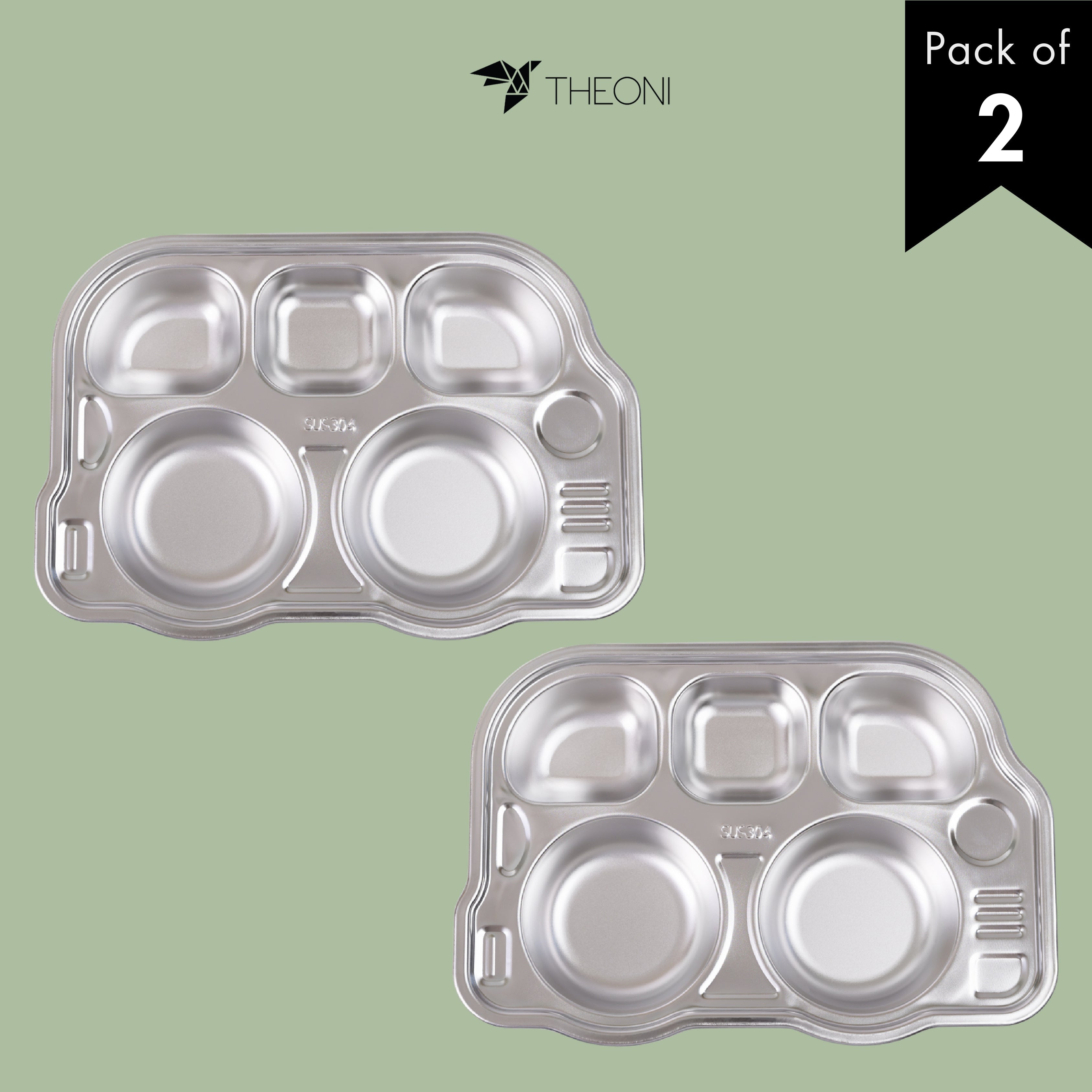 Theoni Stainless Steel Section Bus Shape Kids Plate / Portion Plate / Dinner Dish - Bus Shape (Set of 2). Personalize With Name