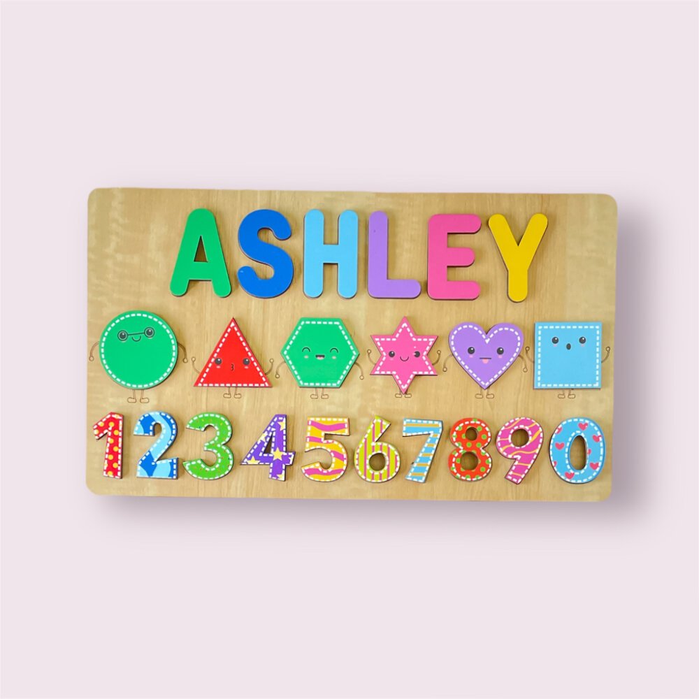 Personalised Wooden Name Puzzle- Shapes & Numbers - Vibrant