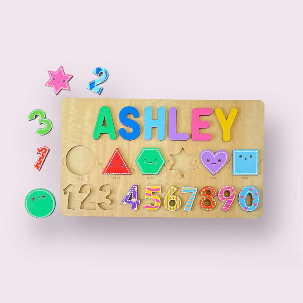 Personalised Wooden Name Puzzle- Shapes & Numbers - Vibrant