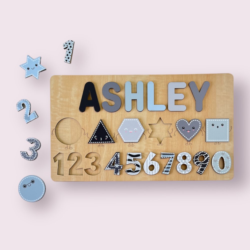 Personalised Wooden Name Puzzle- Shapes & Numbers - Monochrome