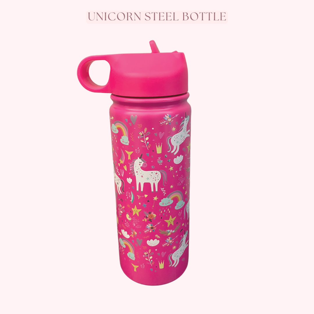 Insulated Steel Water Bottle With Straw- 475 ML - Unicorn