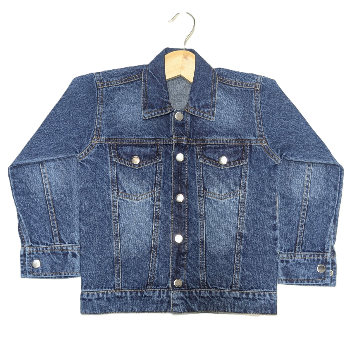 Blue denim jacket on a hanger against a white background