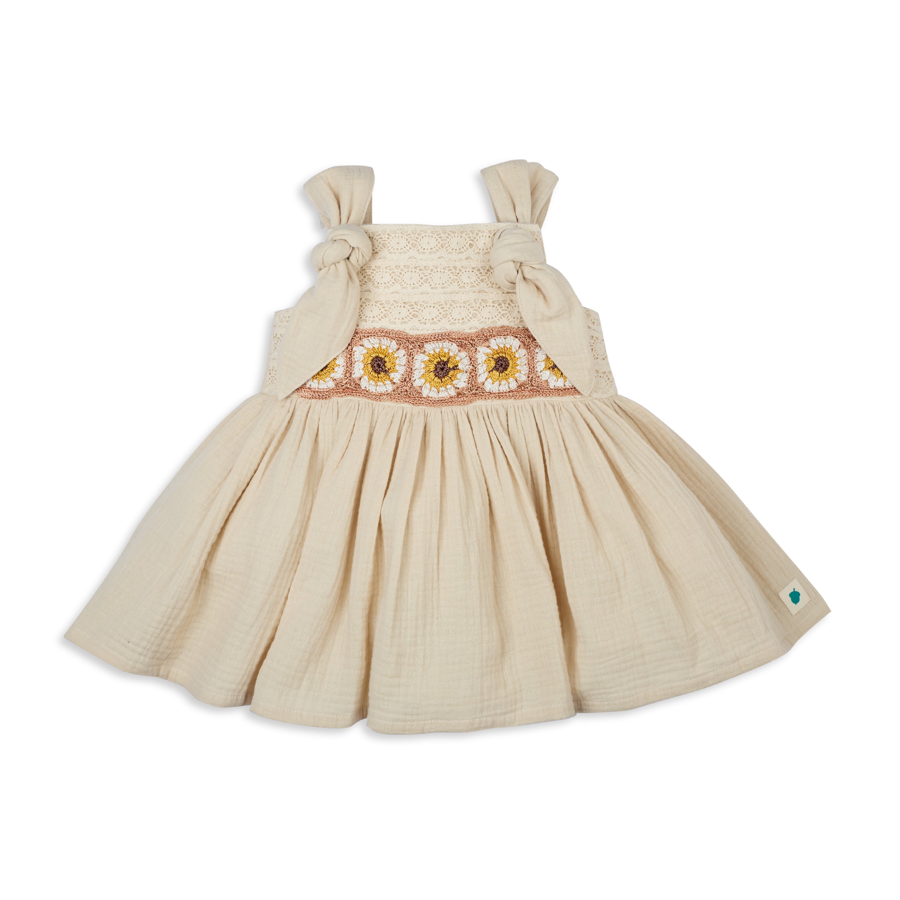 My Milestones Opal Handcrafted Crochet Double Cloth Dress with Knot Details - Beige