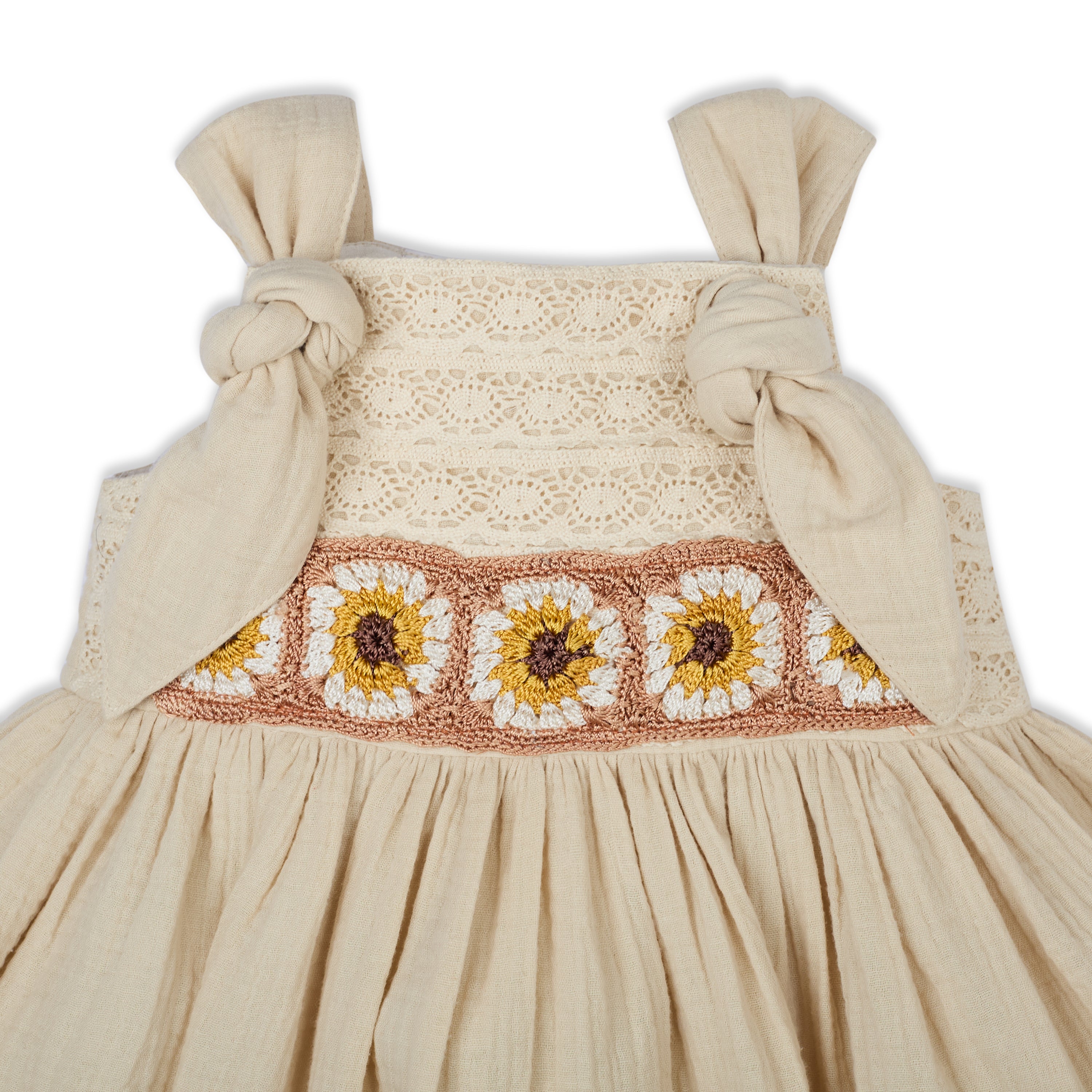 My Milestones Opal Handcrafted Crochet Double Cloth Dress with Knot Details - Beige