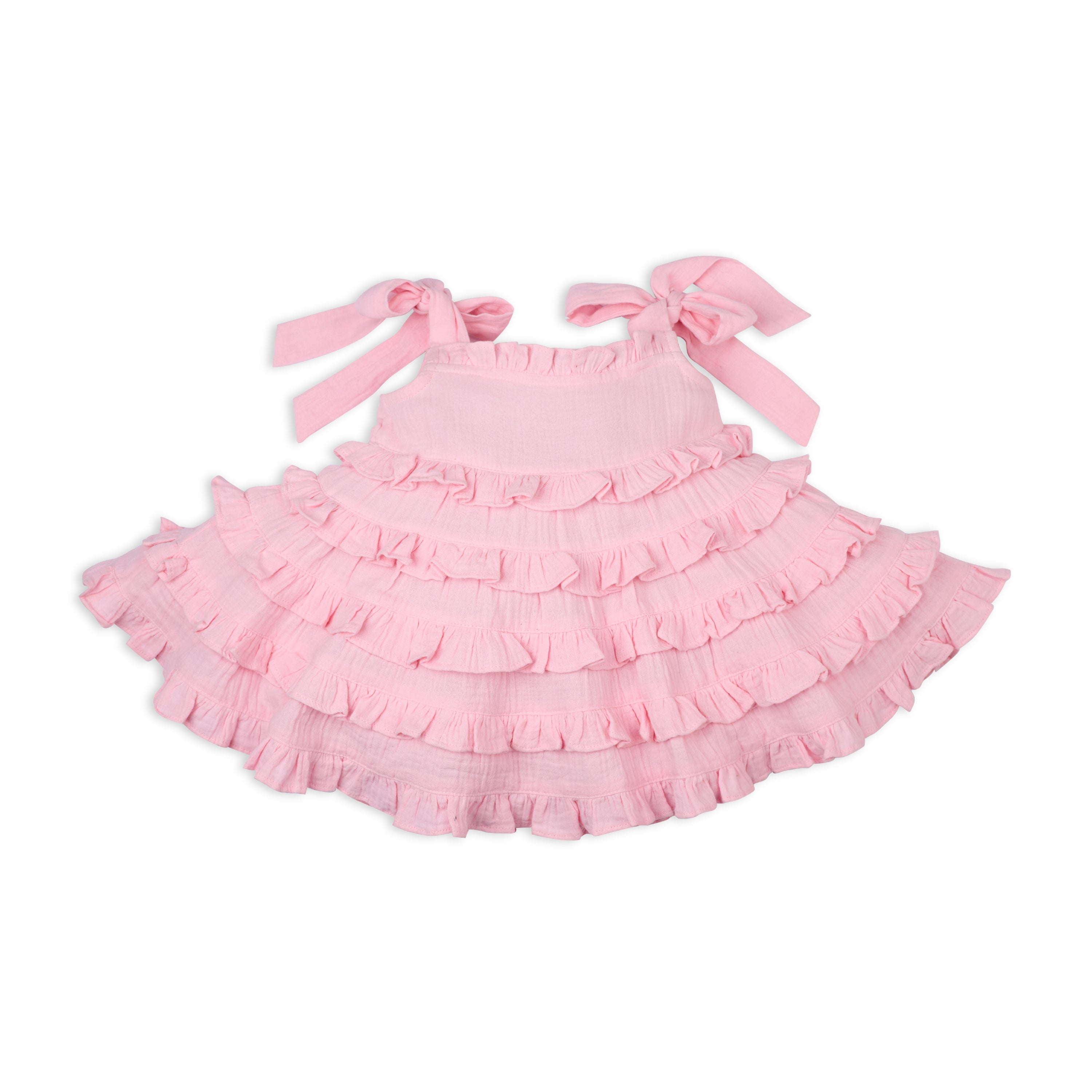 Eva Sleeveless Strap Blossom Dress With Ruffles In Double Cloth - Pink