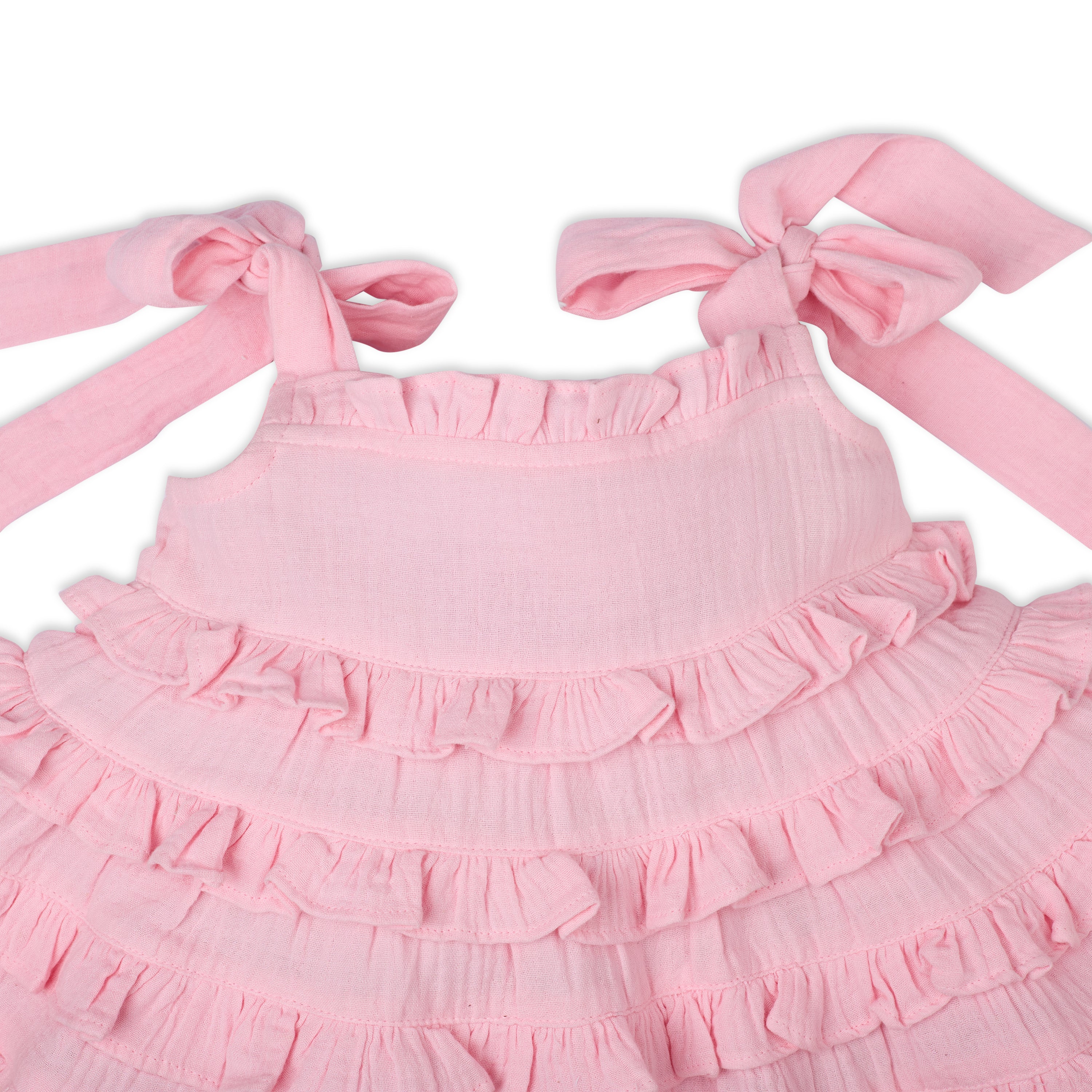 Eva Sleeveless Strap Blossom Dress With Ruffles In Double Cloth - Pink