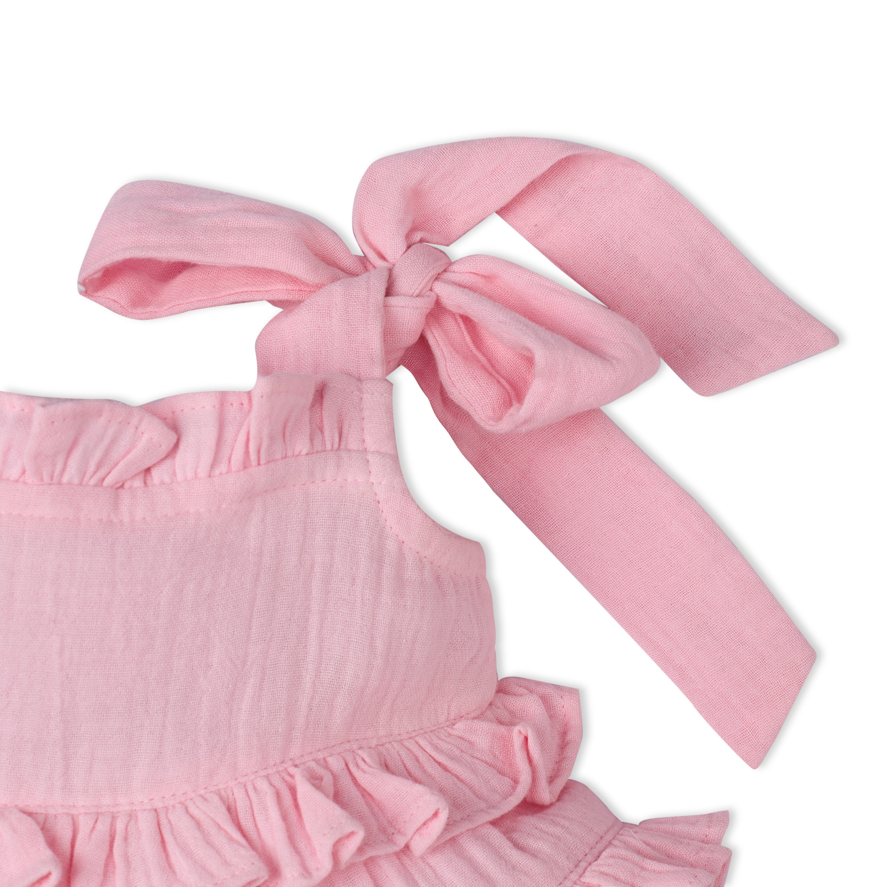 Eva Sleeveless Strap Blossom Dress With Ruffles In Double Cloth - Pink