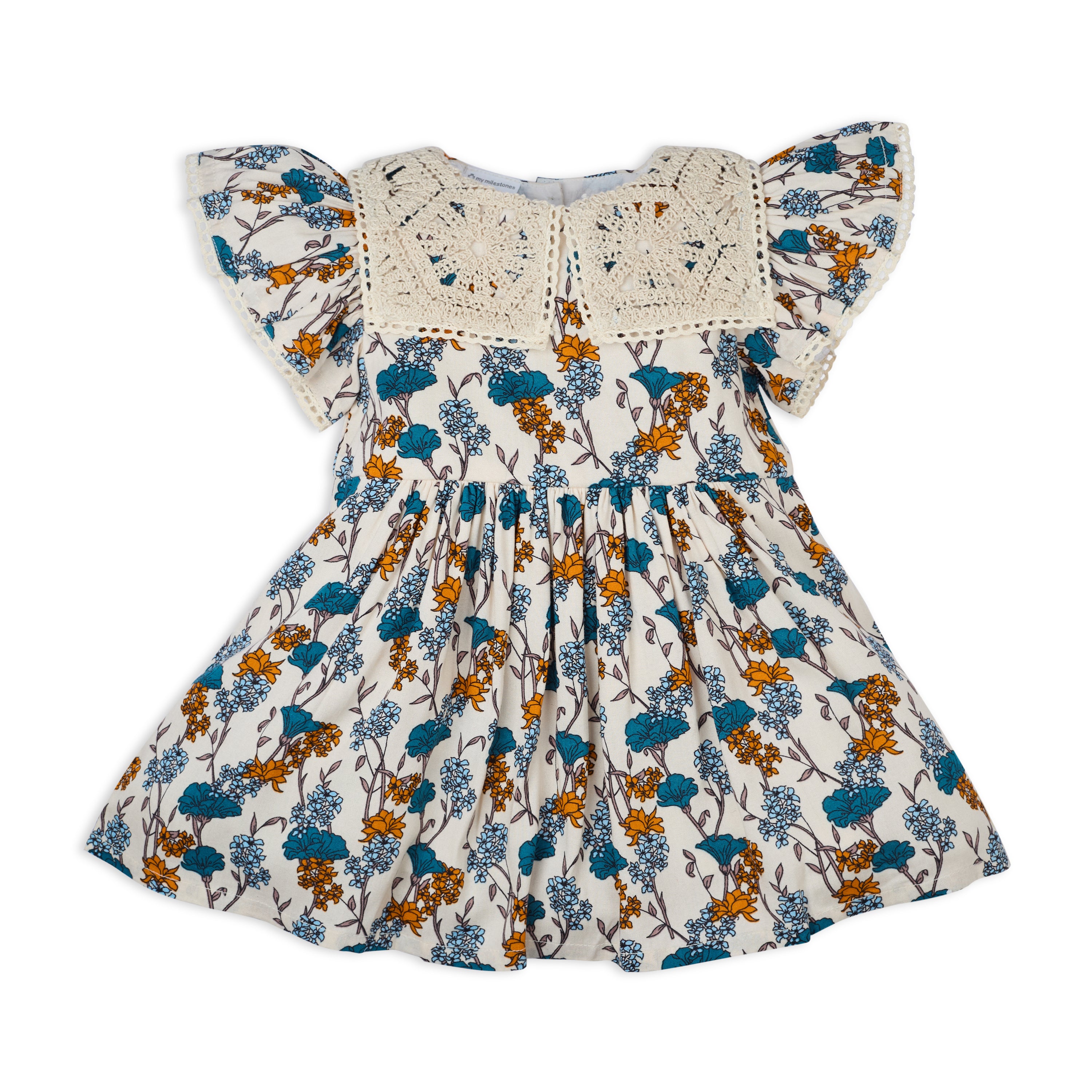 Willow Frill Sleeves Dress With Crochet Lace - Beige