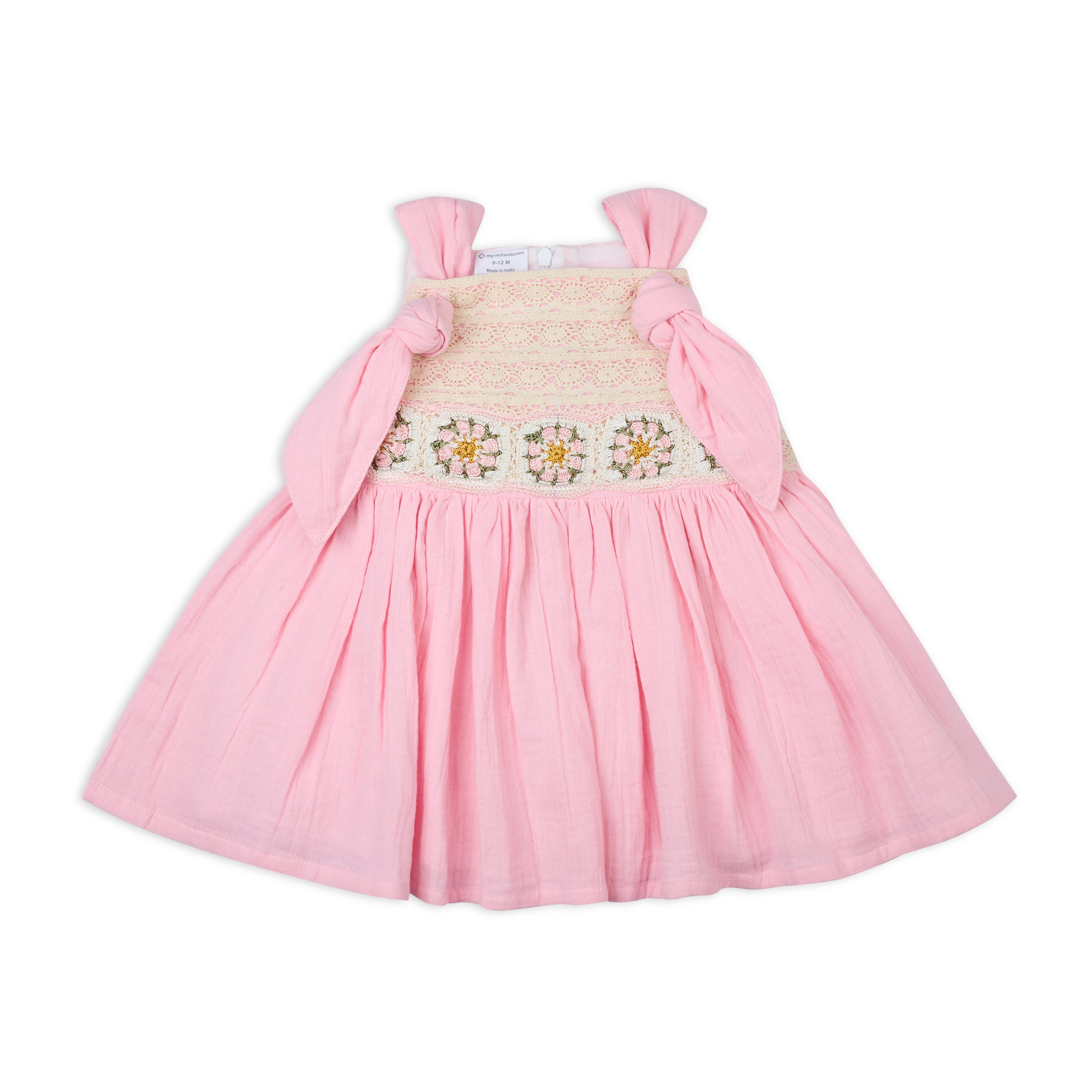 My Milestones Opal Handcrafted Crochet Double Cloth Dress with Knot Details - Pink