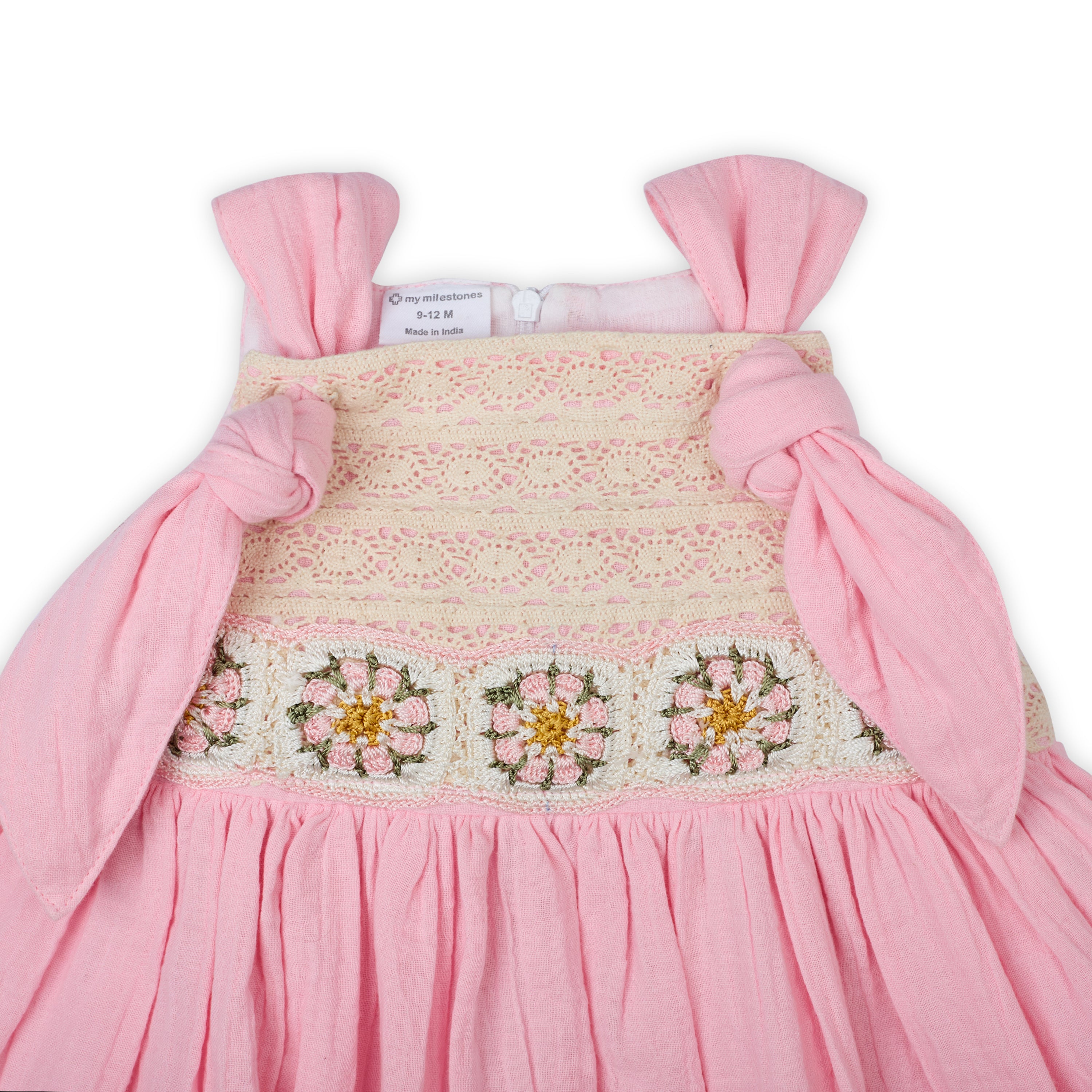 My Milestones Opal Handcrafted Crochet Double Cloth Dress with Knot Details - Pink