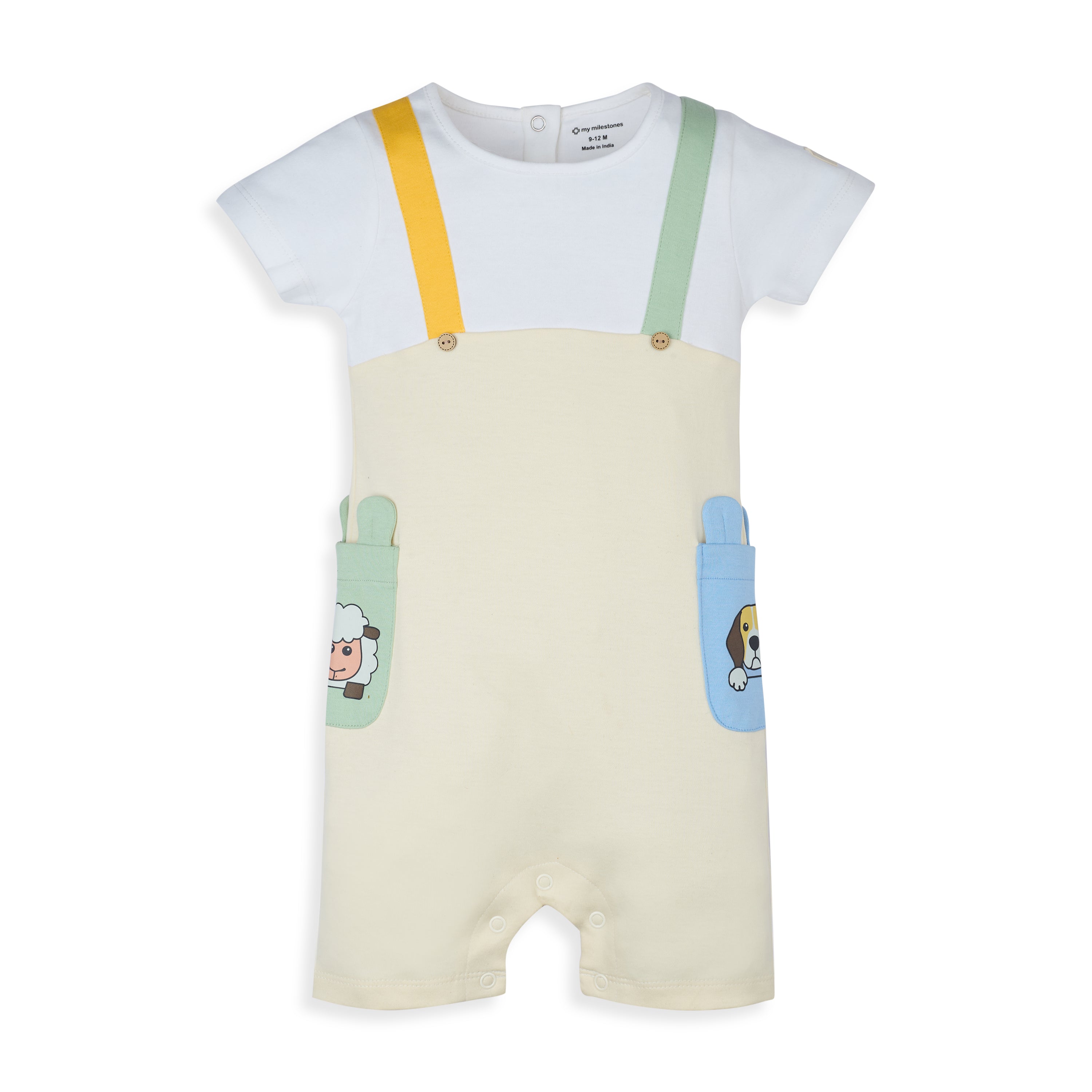 My Milestones Short Sleeves Romper With Color Block Details And Cute Animal Print - White & Ecru