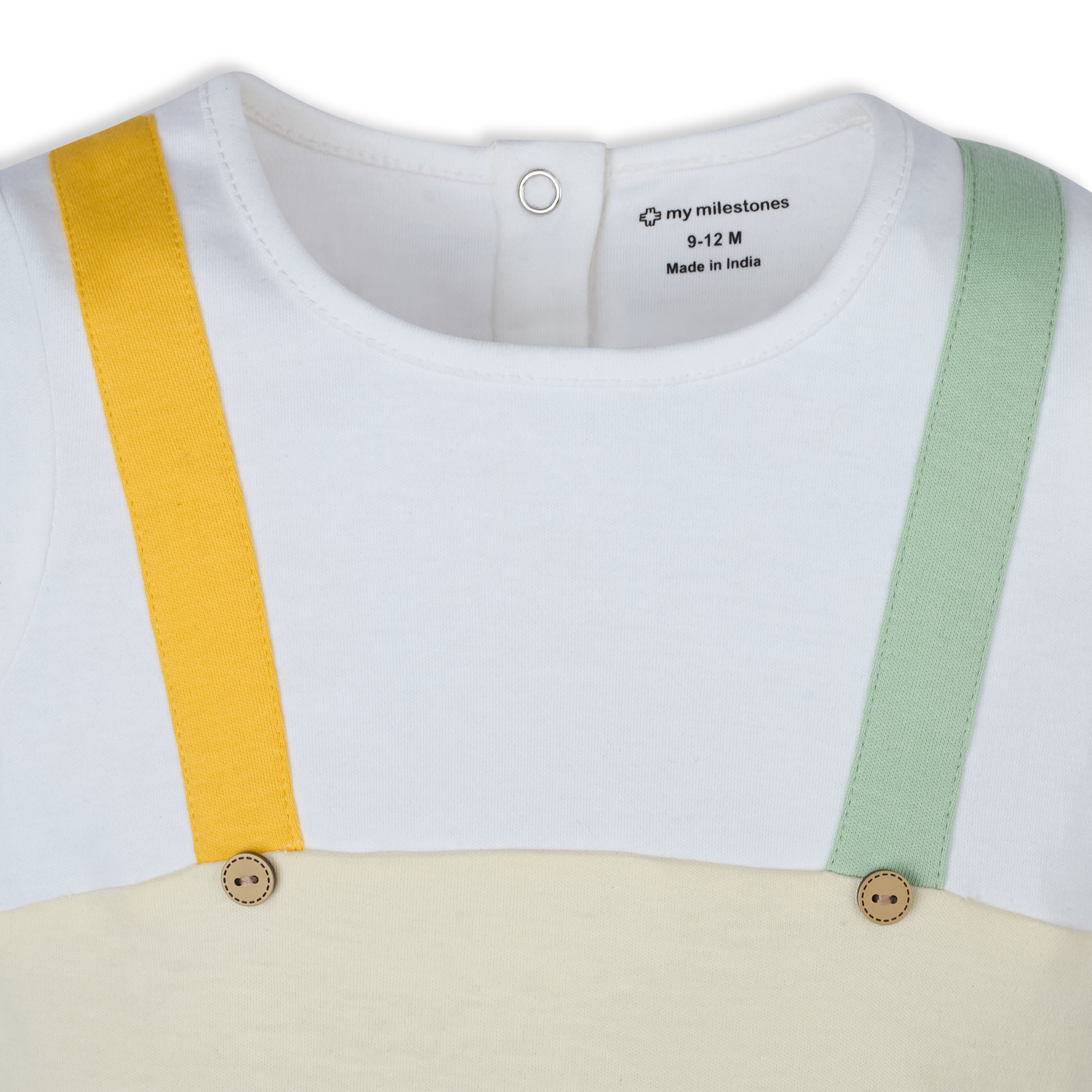 My Milestones Short Sleeves Romper With Color Block Details And Cute Animal Print - White & Ecru