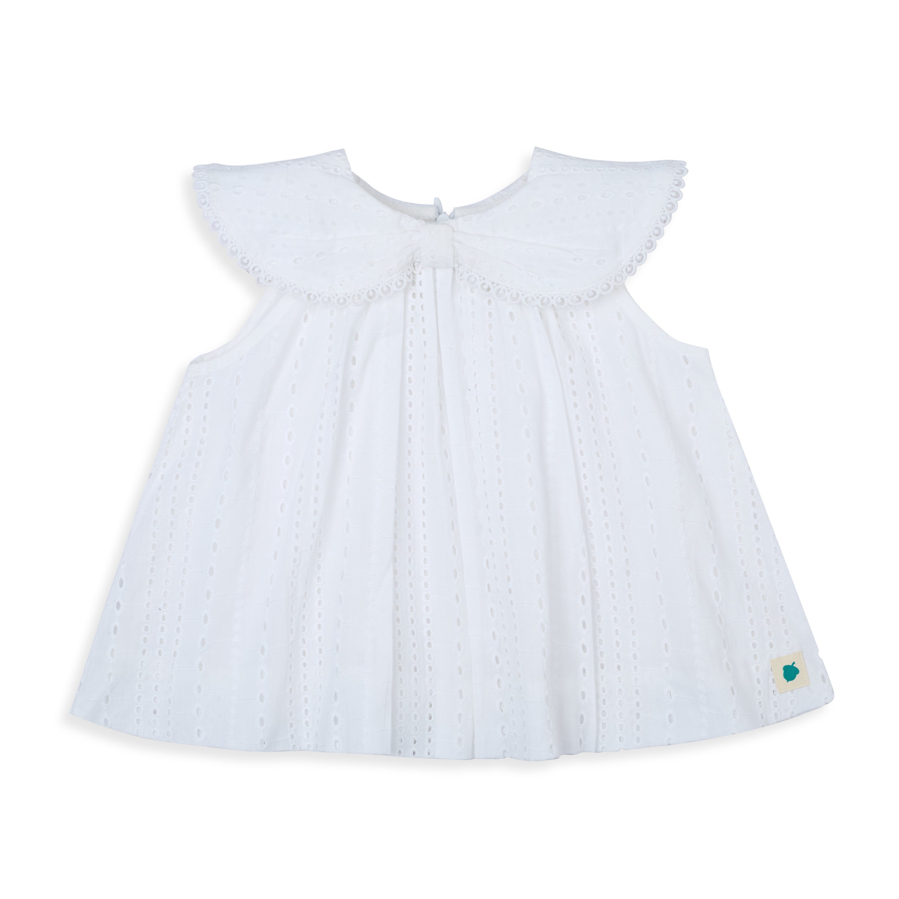 My Milestones Ivy Sky Pure Cotton Eyelet Sleeveless Top with Bow Detail Collar - White